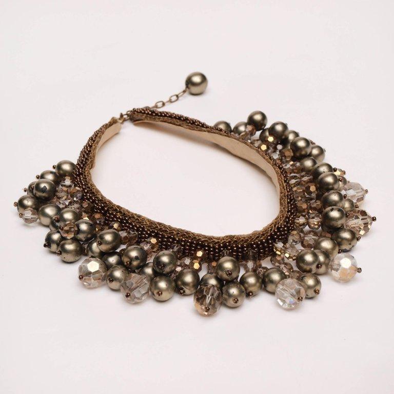 Pendant Nacre Pearl and Large Rhinestone Necklace with Alloy Beads and Gilt Wire In Fair Condition For Sale In London, GB