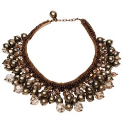 Pendant Nacre Pearl and Large Rhinestone Necklace with Alloy Beads and Gilt Wire