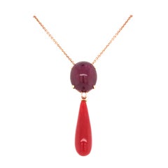 Pendant Neacklace Ruby Glass filed Diamond Coral Rose Gold 18 Karat