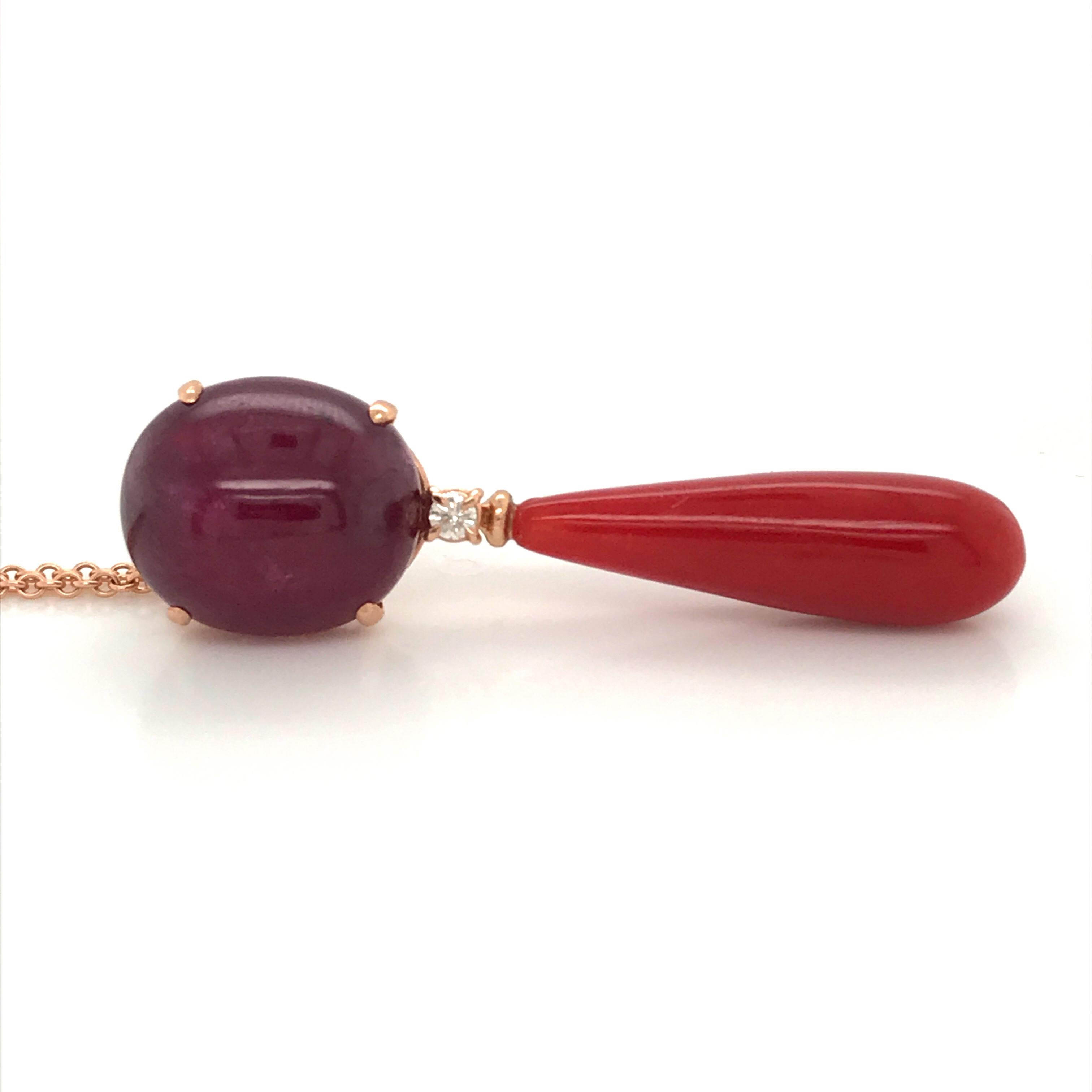 Contemporary Pendant Neacklace Ruby Glass filed Diamond Coral Rose Gold 18 Karat For Sale