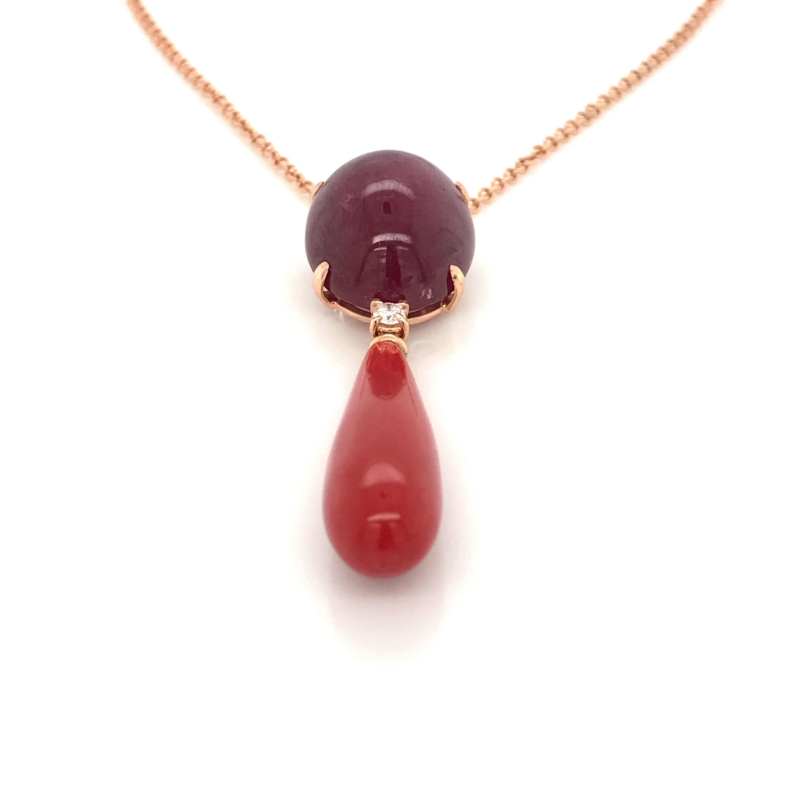 Oval Cut Pendant Neacklace Ruby Glass filed Diamond Coral Rose Gold 18 Karat For Sale