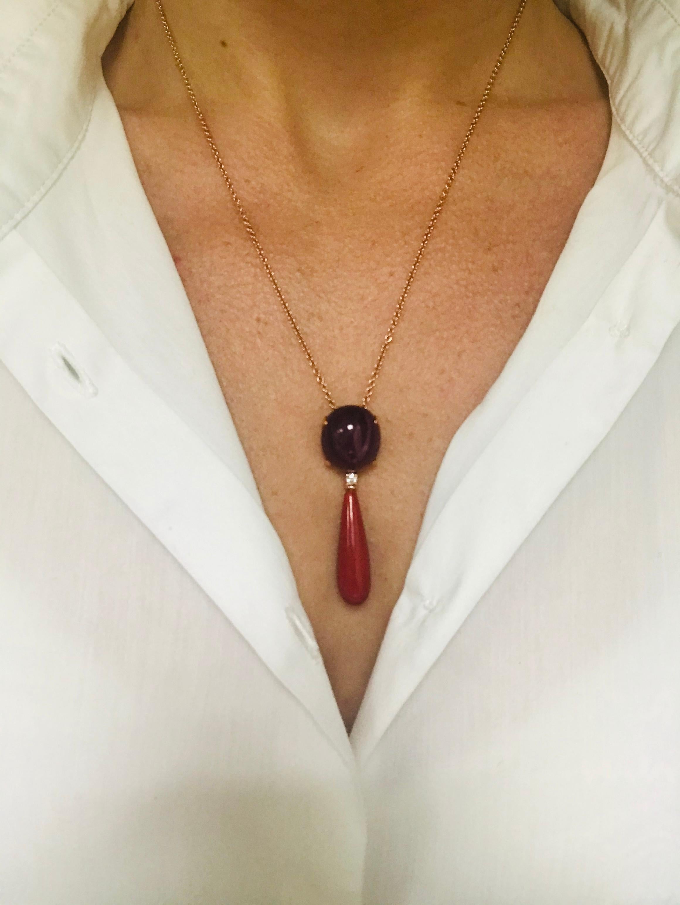 Pendant Neacklace Ruby Glass filed Diamond Coral Rose Gold 18 Karat In New Condition For Sale In Vannes, FR