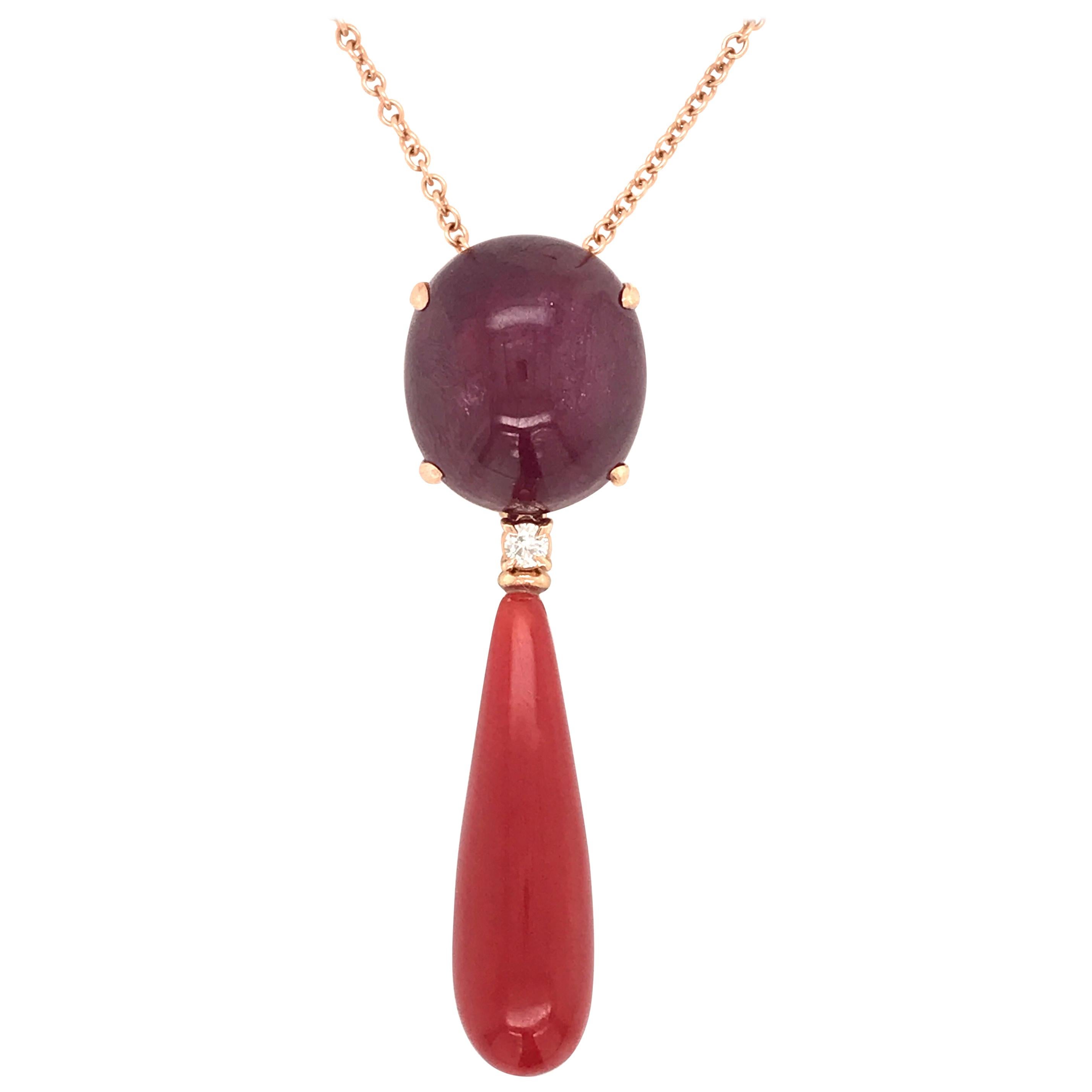 Pendant Neacklace Ruby Glass filed Diamond Coral Rose Gold 18 Karat For Sale