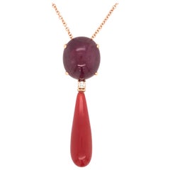 Pendentif Neacklace Rubis Verre limé Diamant Coral Rose Or 18 Karat