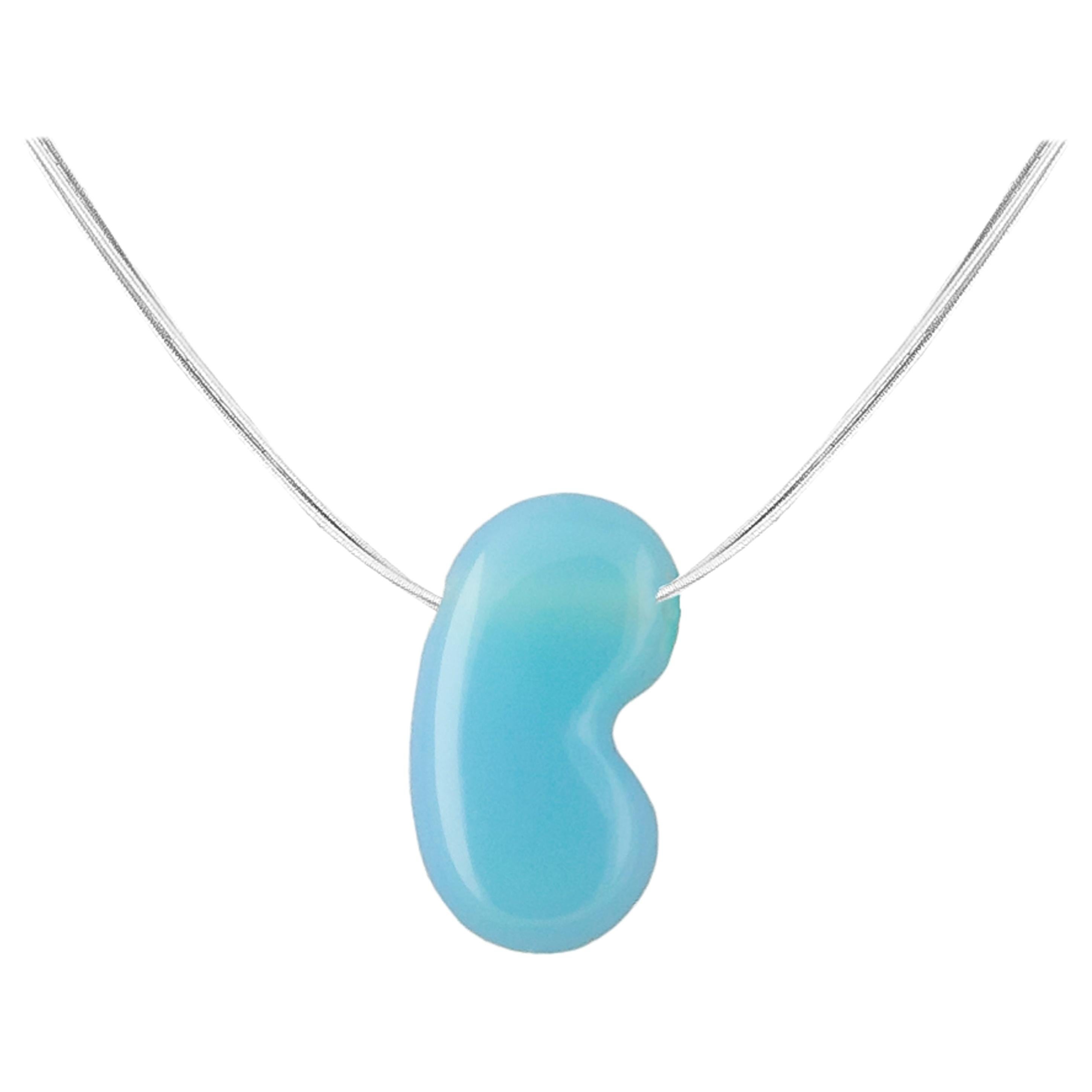 Pendant Necklace, 18 Karat White Gold with Turquoise Agate Jellybean Pendant For Sale