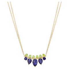 Pendant Necklace 18kt Yellow Gold with Round Peridots and Pear Graduated Iolites