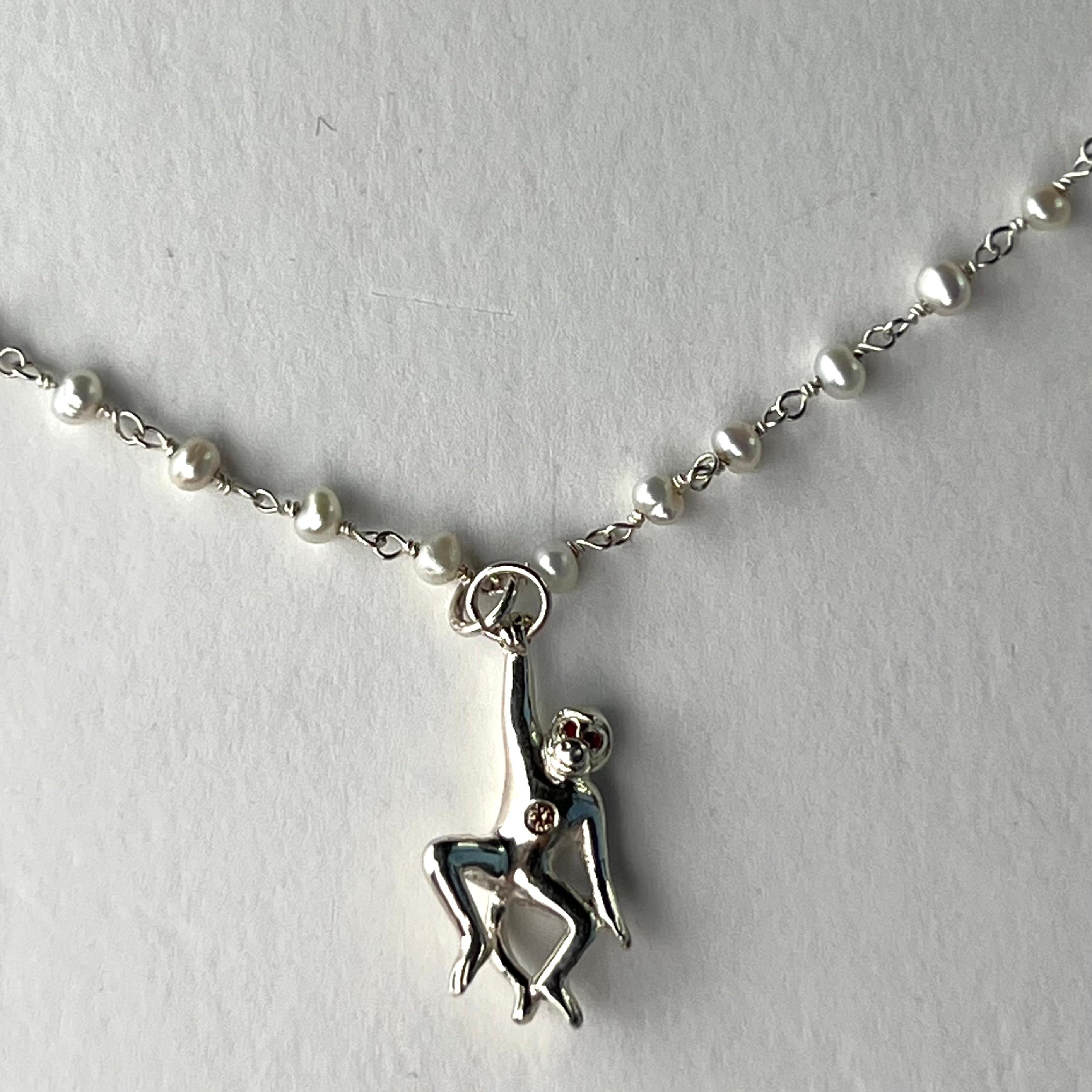 Contemporary Pendant Necklace Animal Monkey Pearl Necklace Diamond Ruby Silver Rosario For Sale