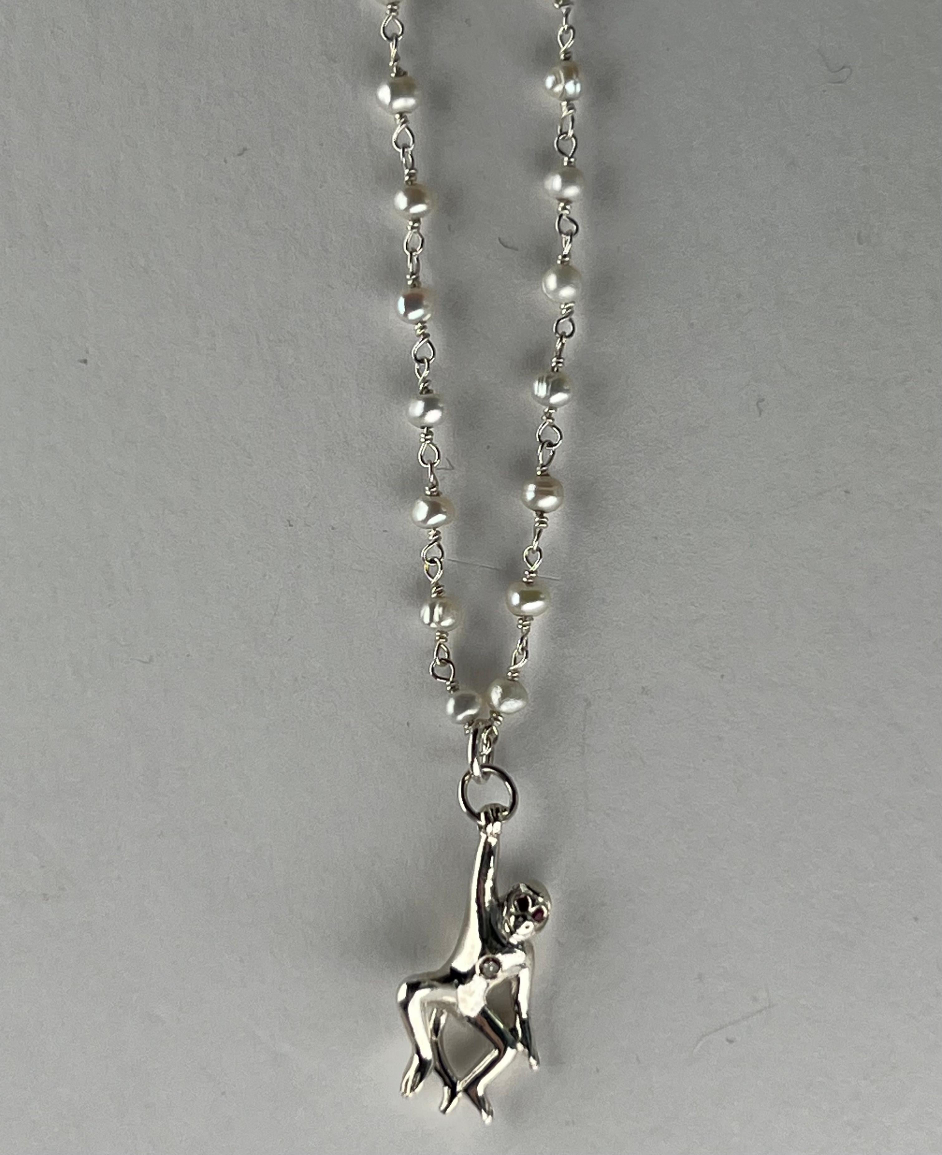 Brilliant Cut Pendant Necklace Animal Monkey Pearl Necklace Diamond Ruby Silver Rosario For Sale