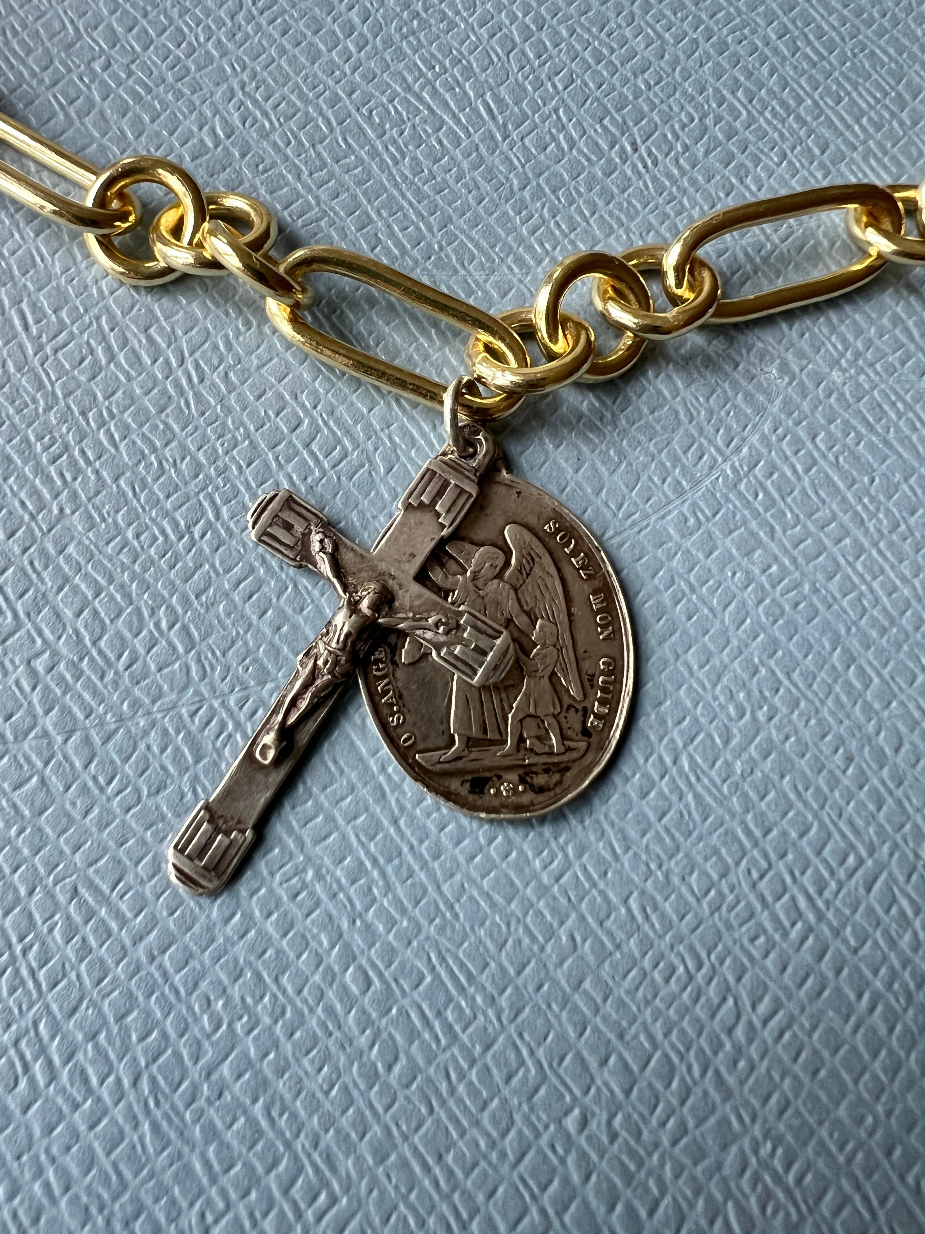 Pendant Necklace Chunky Choker Gold Plated Chain with a vIntage Medal with an Angel and Cross in Silver 

Designer J Dauphin

46 cm Long

Designer: J DAUPHIN 

Available for immediate delivery 