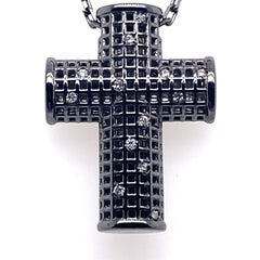 Pendant Necklace Cross Rhodium Black and White Diamonds White Gold 18 Karat