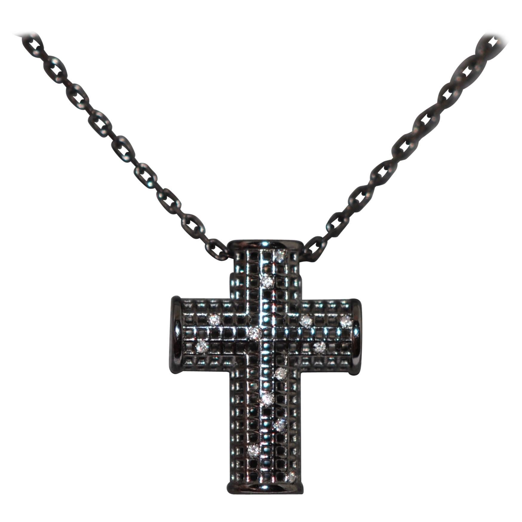 Pendant Necklace Cross Rhodium Black and White Diamonds White Gold 18 Karat 