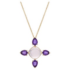 Pendant Necklace Cross Shape in 18Kt Yellow Gold with Rose Quartz and Amethyst