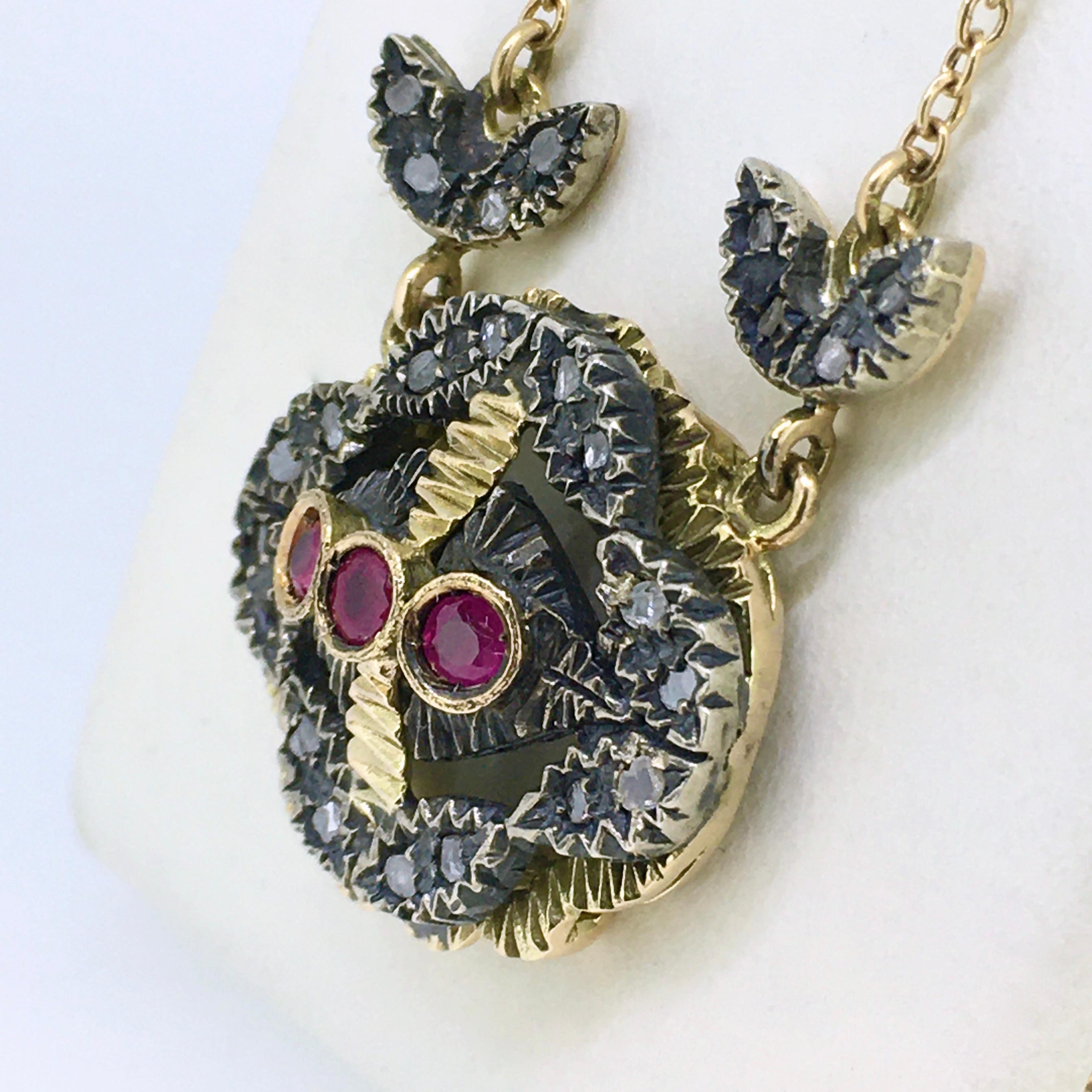 Old Mine Cut Pendant Necklace, Gold, Silver, Diamond, Ruby, Antique For Sale