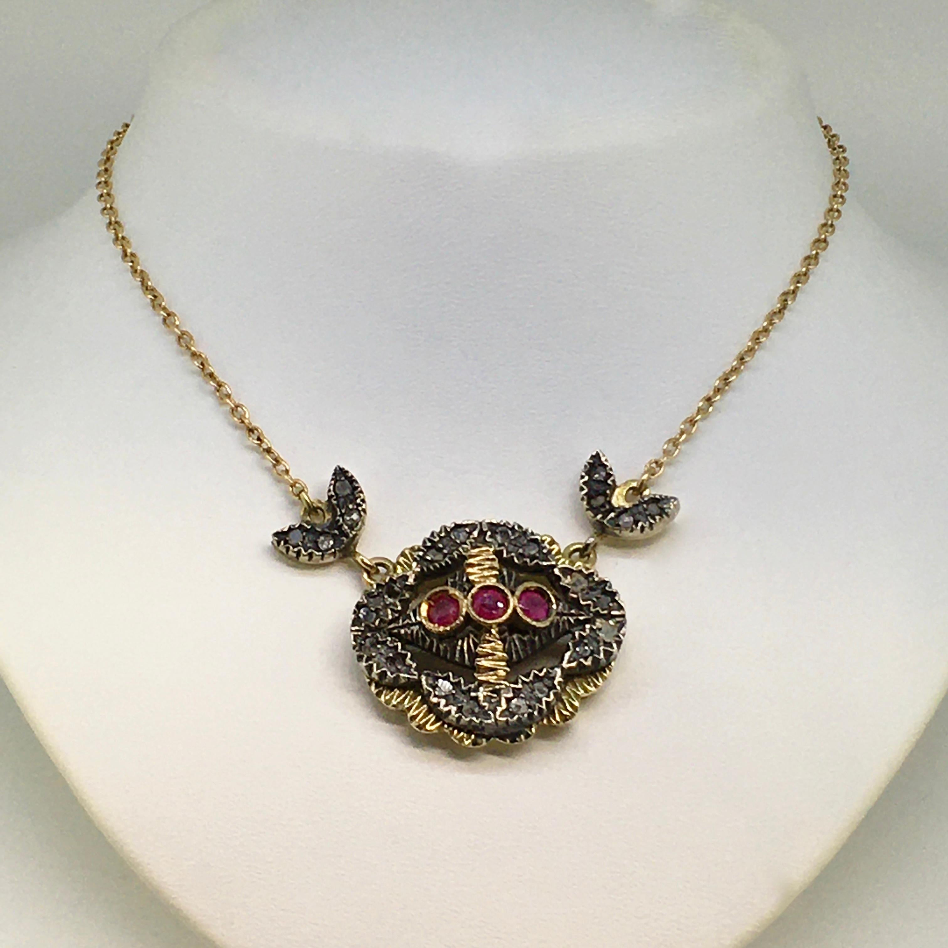 Women's Pendant Necklace, Gold, Silver, Diamond, Ruby, Antique For Sale