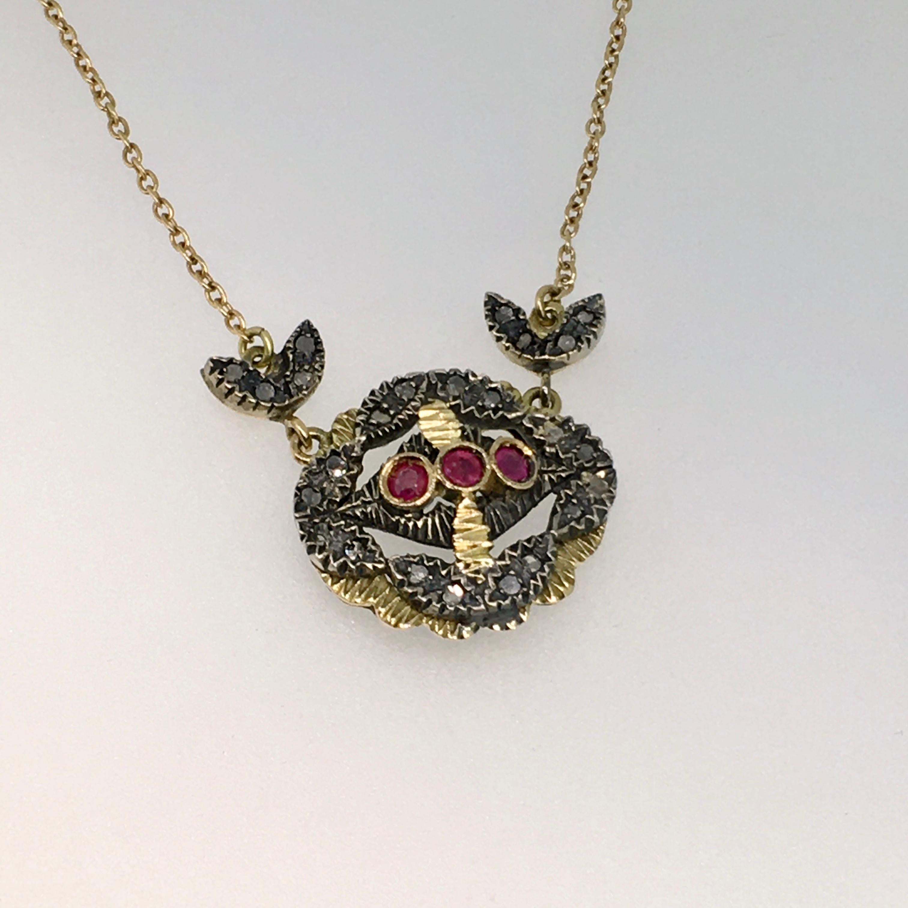 Pendant Necklace, Gold, Silver, Diamond, Ruby, Antique For Sale 3