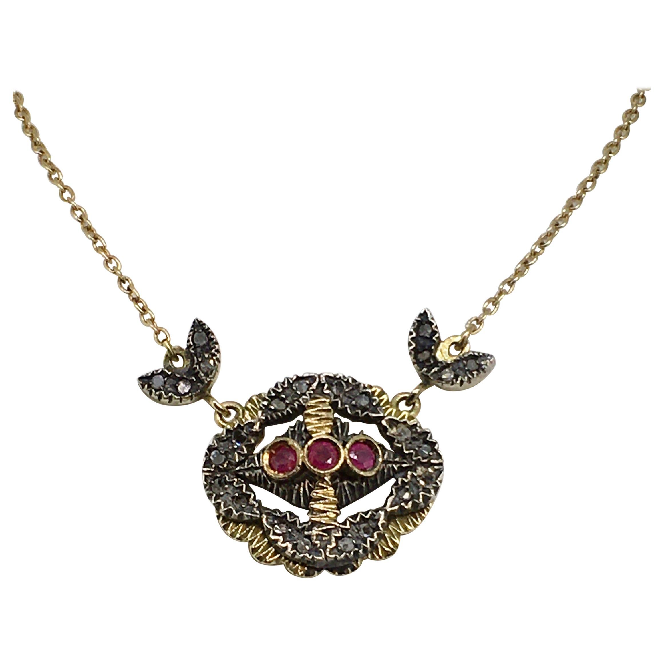 Pendant Necklace, Gold, Silver, Diamond, Ruby, Antique For Sale