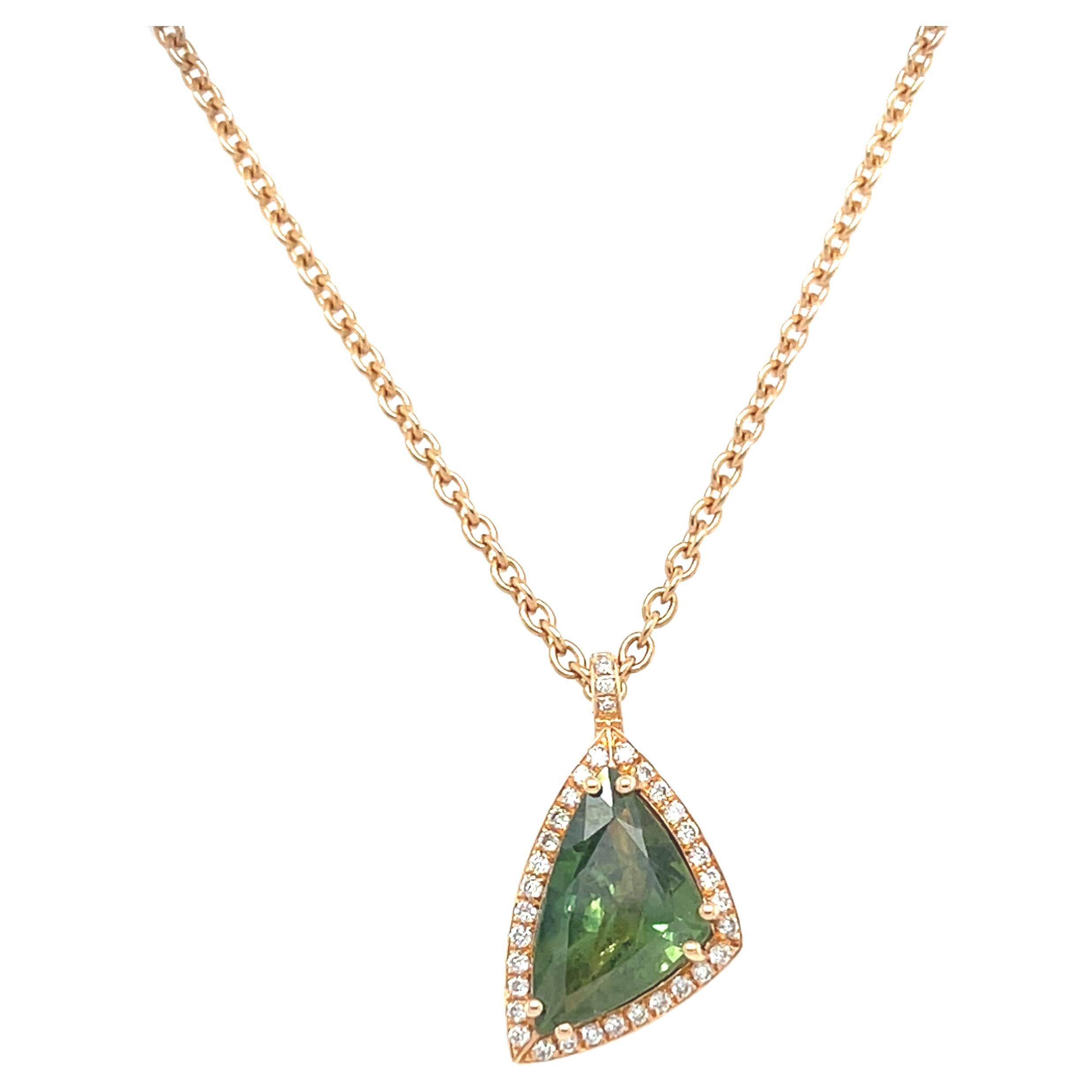 Pendant Necklace Green Saphir 2, 27 Carats Diamonds Rose Gold 18 Carats