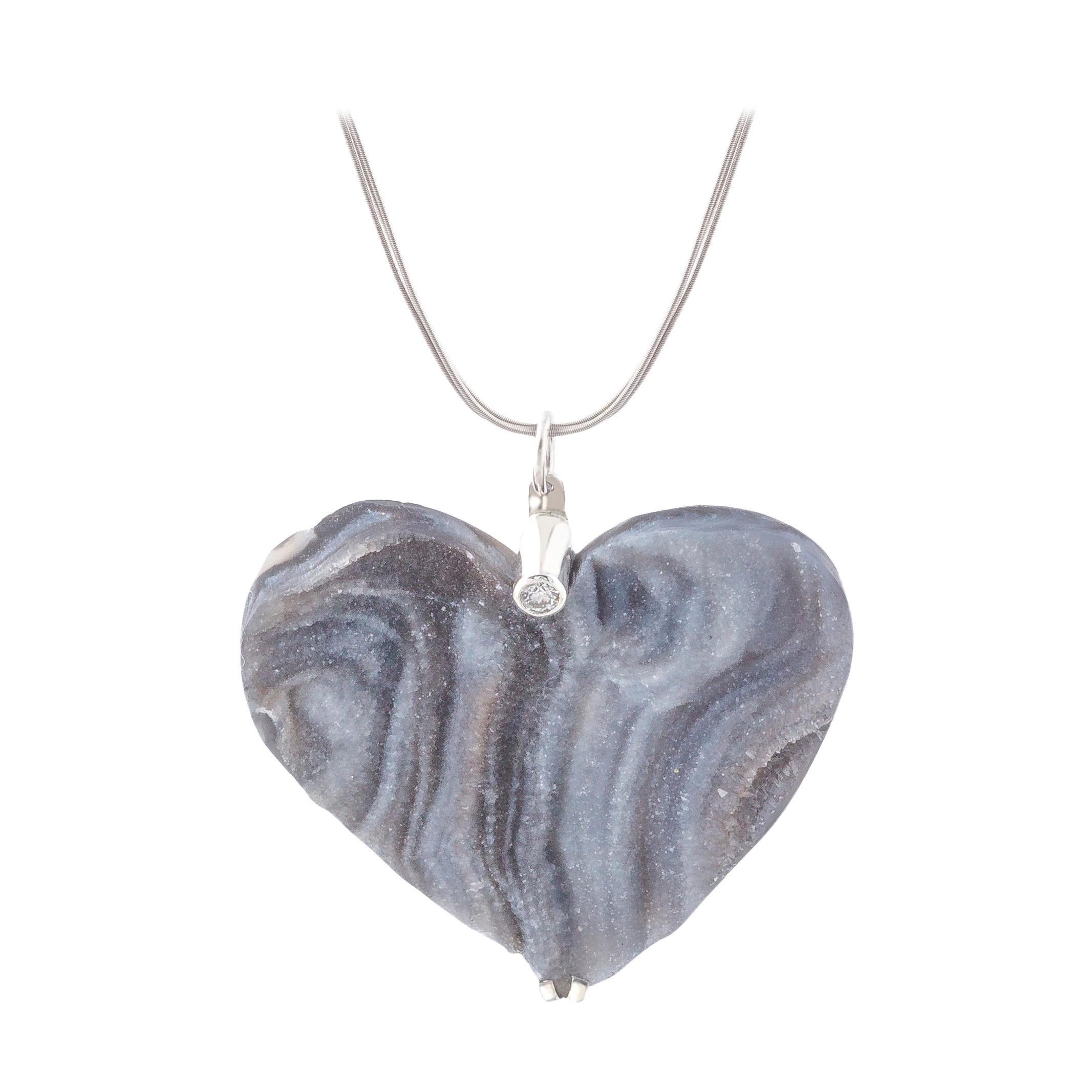 Contemporary Heart Shaped Druzy Pendant with Diamond on 18 Karat White Gold For Sale