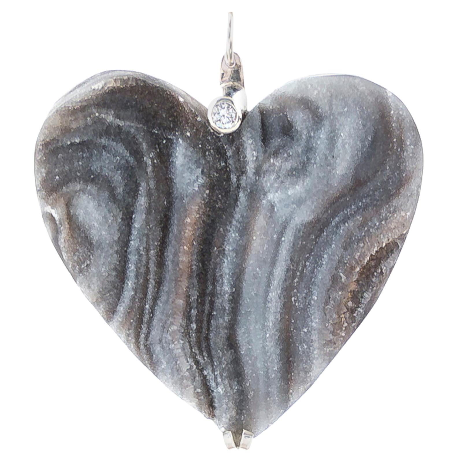 Heart Shaped Druzy Pendant with Diamond on 18 Karat White Gold For Sale