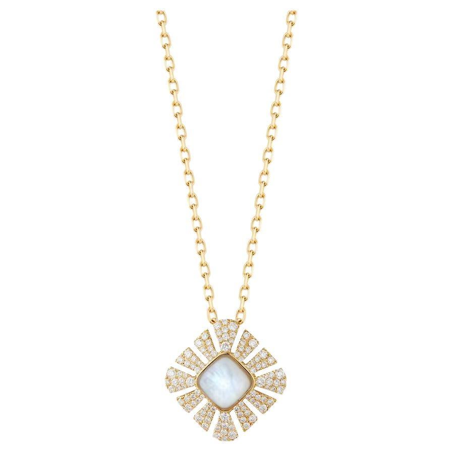 Pendant Necklace in 18K Yellow Gold with Pave Diamonds and Mother of Pearl