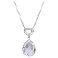 Collar Colgante de Oro Blanco de 18 Kt Diamantes Corazón y Cuarzo Real Gota de Pera