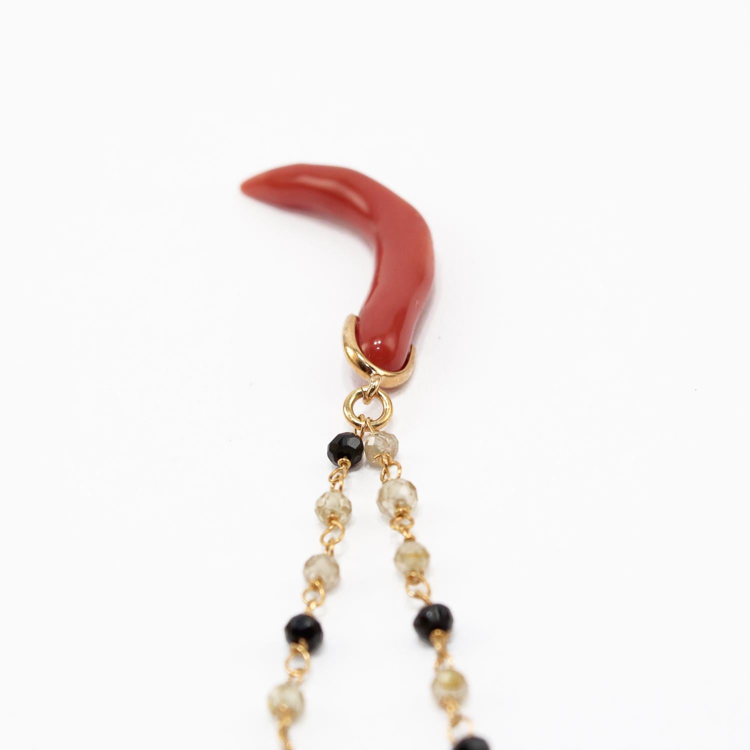 Rough Cut Pendant Necklace in Red Coral, Natural Zircons, Black Spinel and 18 Karat Gold For Sale