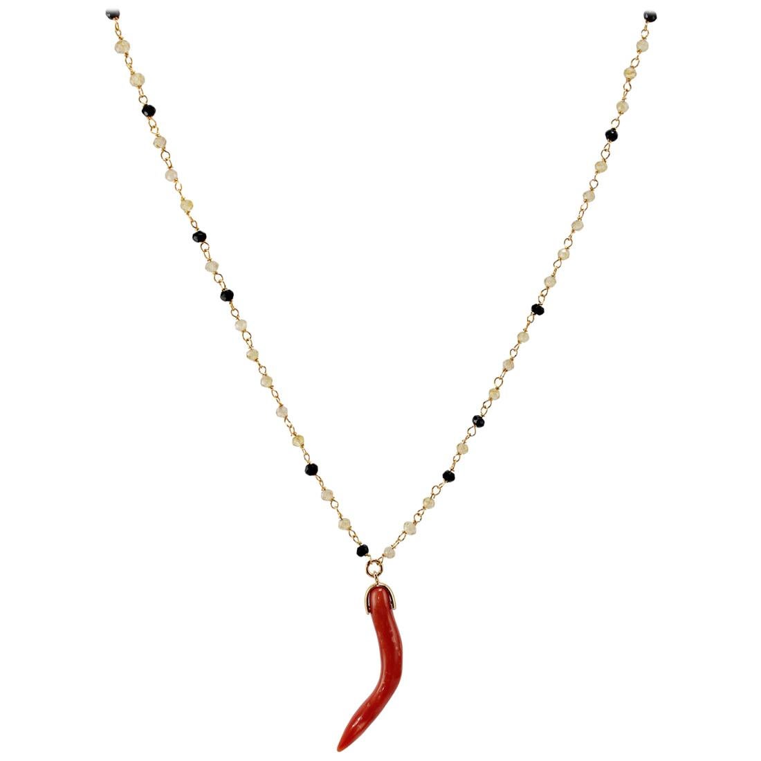 Pendant Necklace in Red Coral, Natural Zircons, Black Spinel and 18 Karat Gold For Sale