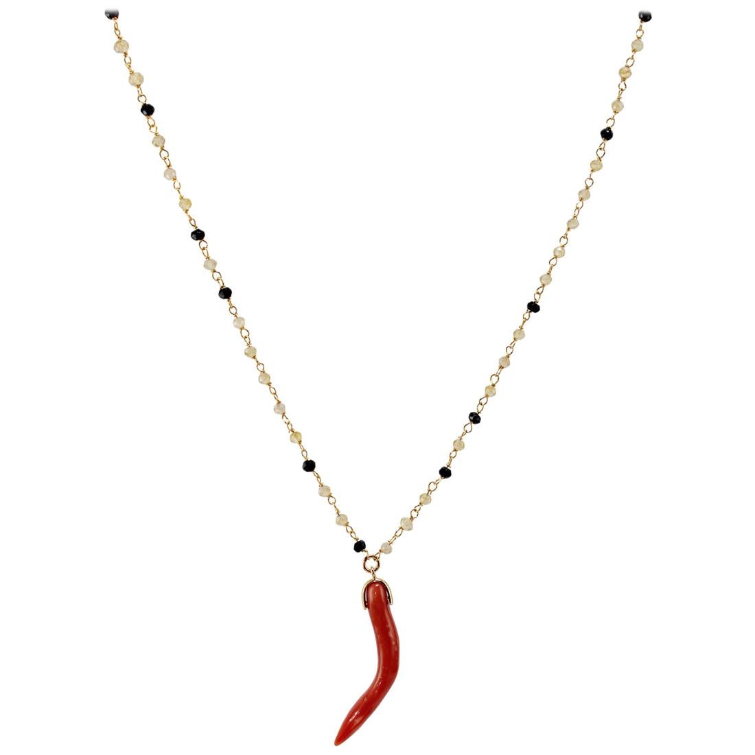 Pendant Necklace in Red Coral, Natural Zircons, Black Spinel and 18 Karat Gold For Sale