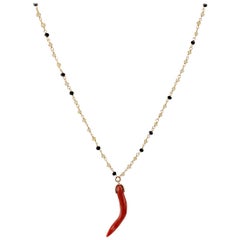 Pendant Necklace in Red Coral, Natural Zircons, Black Spinel and 18 Karat Gold