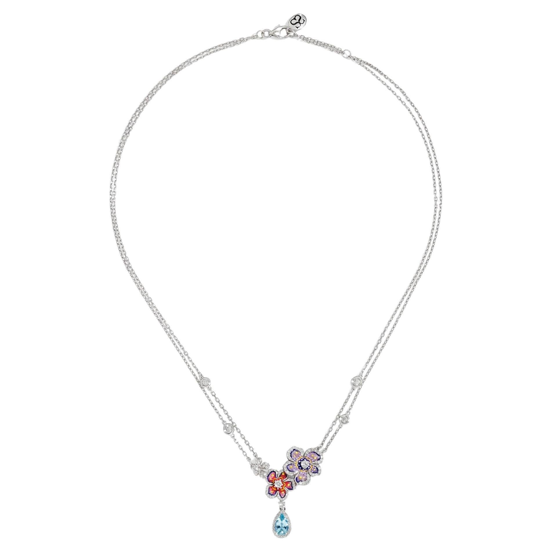 Pendant necklace in White Gold with Aquamarine, White Diamonds and Micromosaic