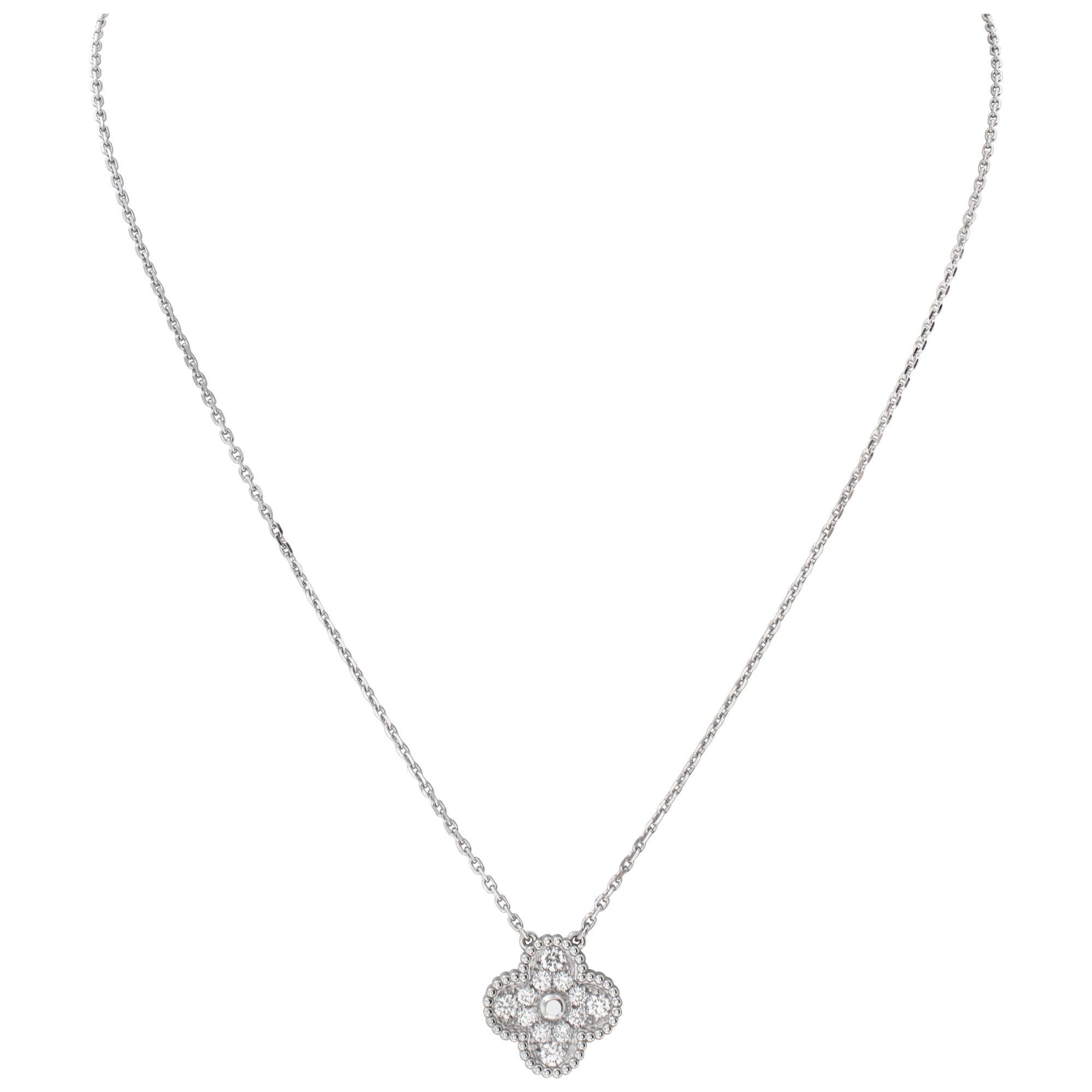 Van Cleef & Arpels Vintage Alhambra pendant necklace in 18k white gold with 0.48 ct in D-F Color, VVS Clarity diamonds. Length 16.5'', pendant 15mm x 11mm. Box and papers 2021.
