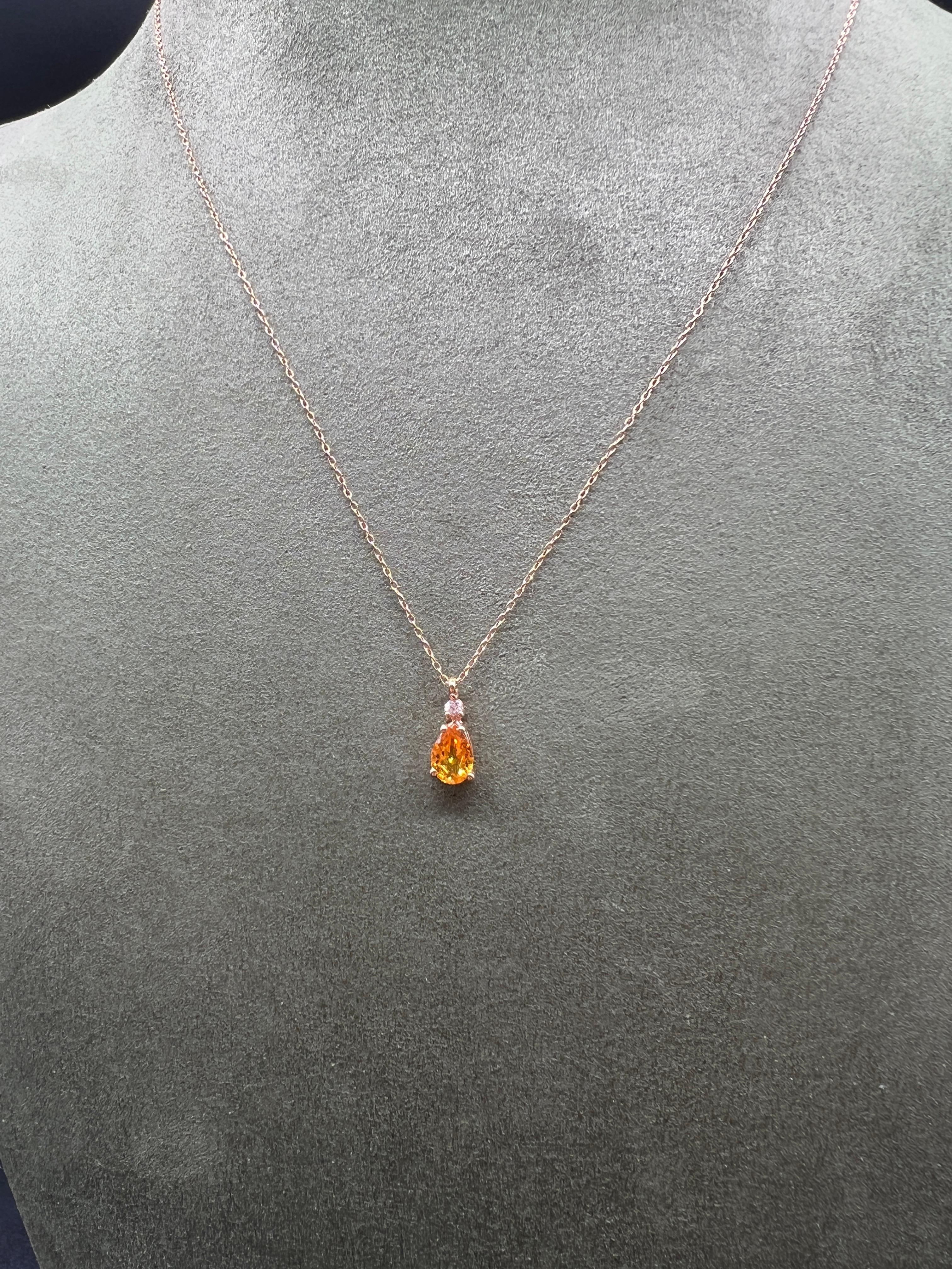 Pear Cut Pendant Necklace Mandarin Garnet Diamond Rose Gold  For Sale