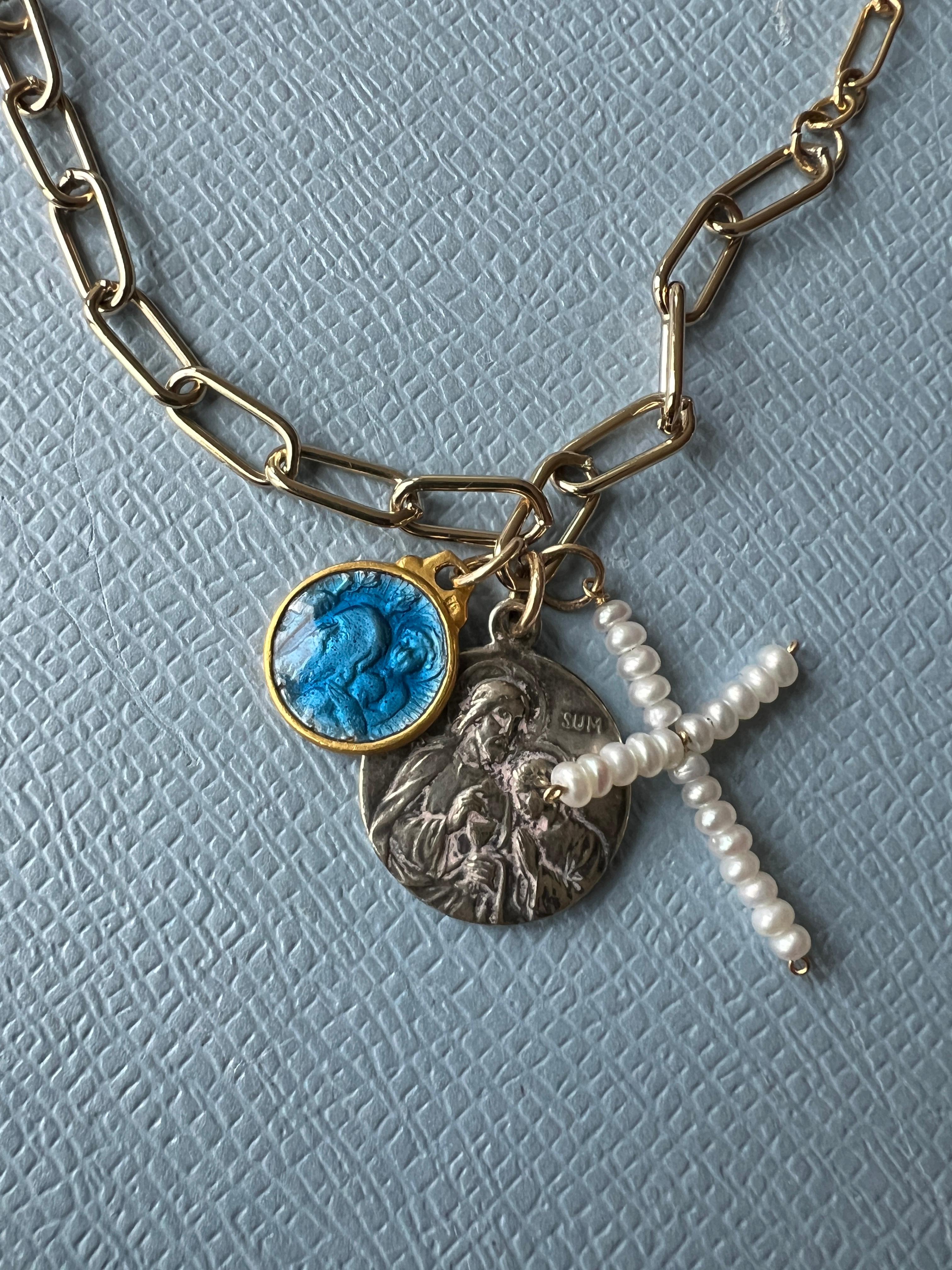 Contemporary Pendant Necklace Multi Medal Blue Enamel Jesus White Pearl Cross Religious