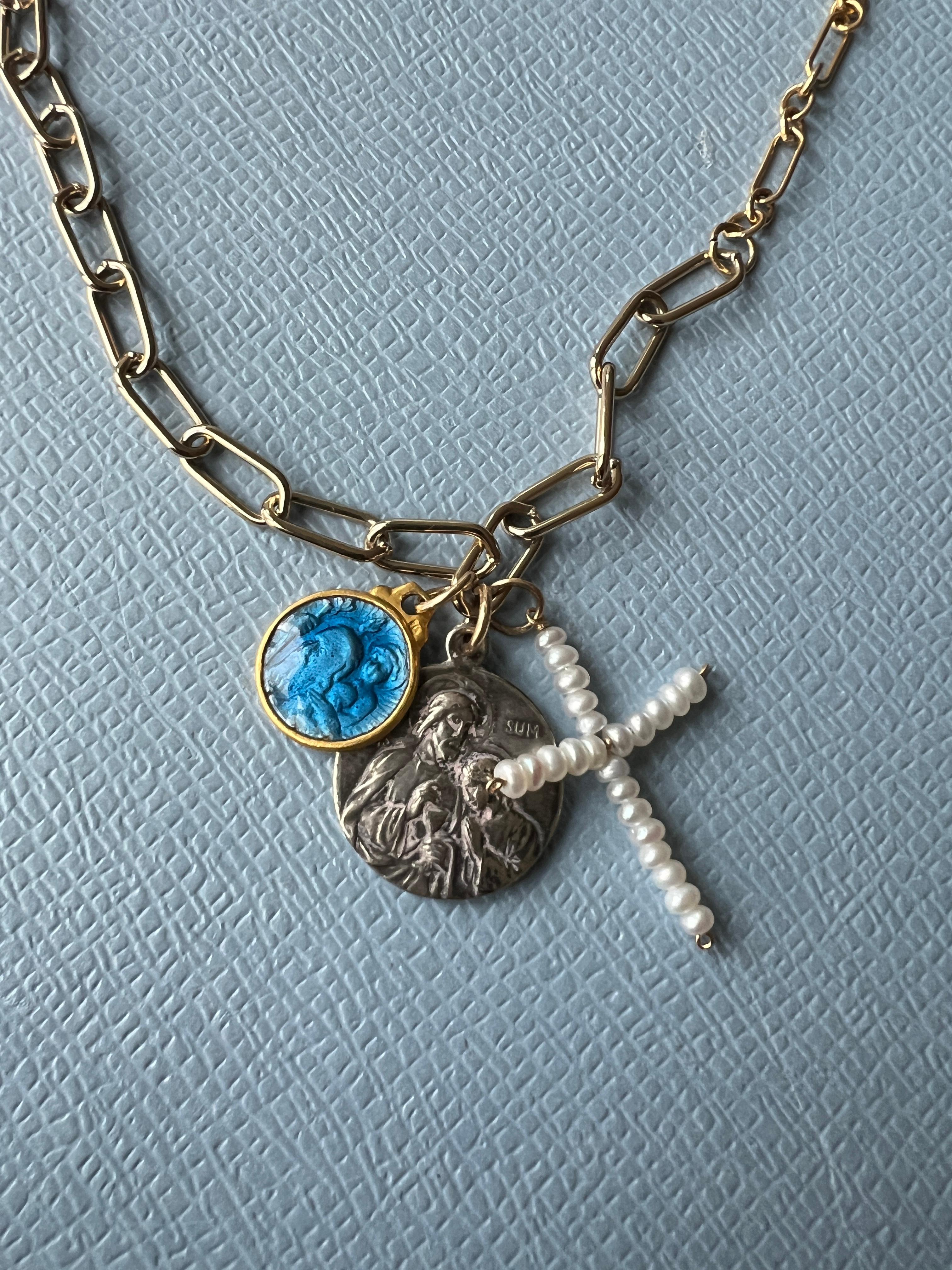 Brilliant Cut Pendant Necklace Multi Medal Blue Enamel Jesus White Pearl Cross Religious