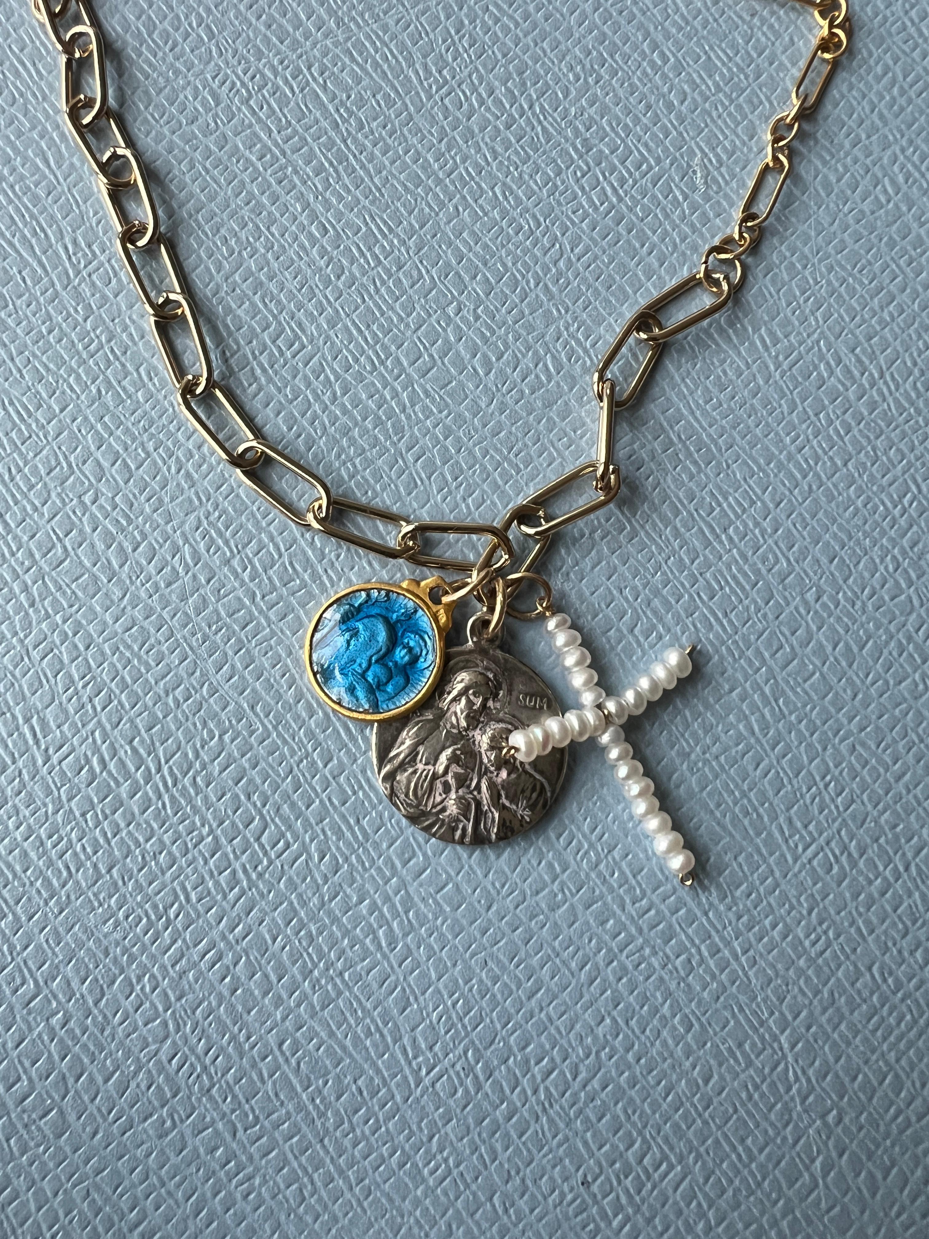 Pendant Necklace Multi Medal Blue Enamel Jesus White Pearl Cross Religious In New Condition In Los Angeles, CA