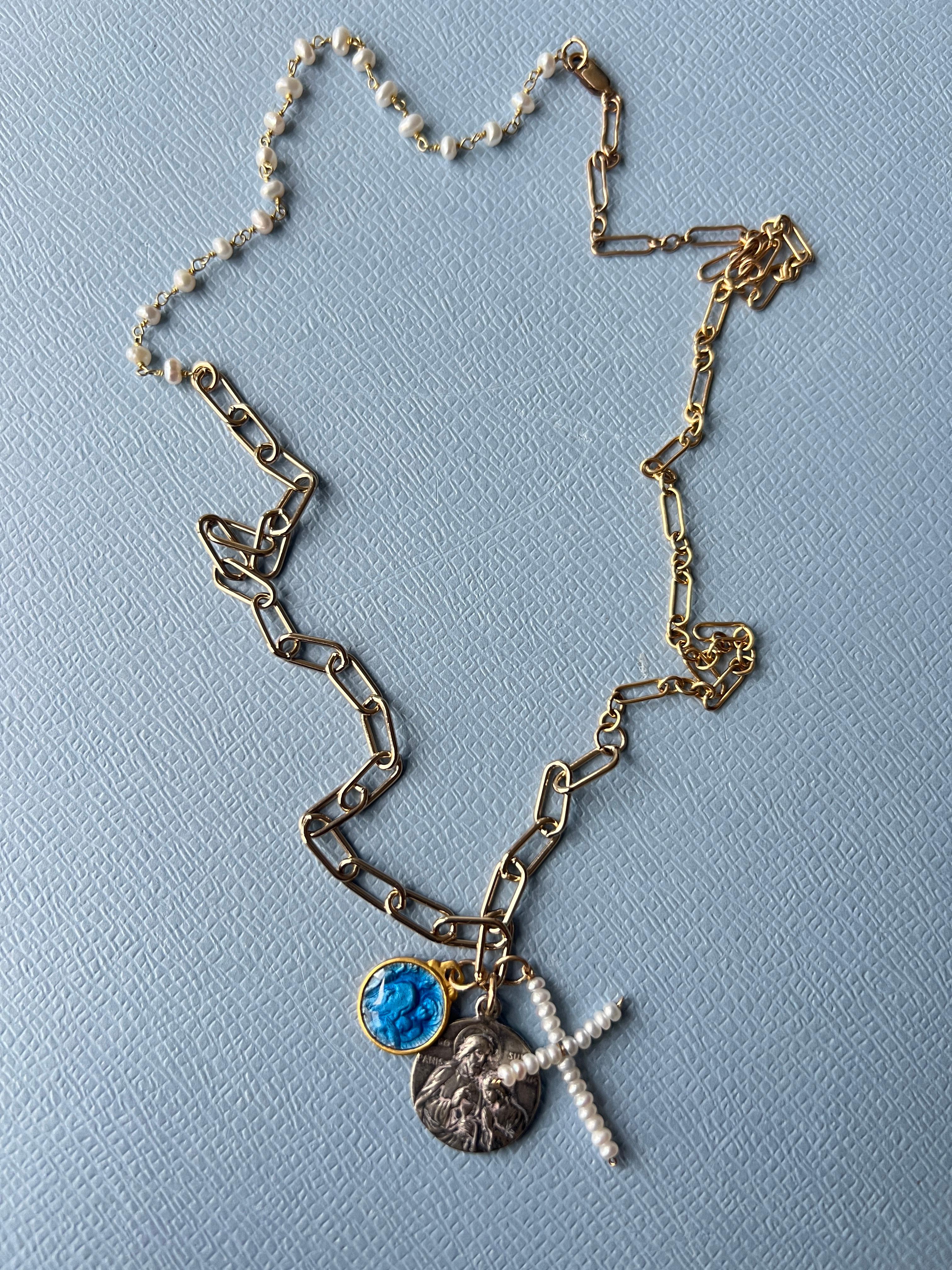 Women's or Men's Pendant Necklace Multi Medal Blue Enamel Jesus White Pearl Cross Religious