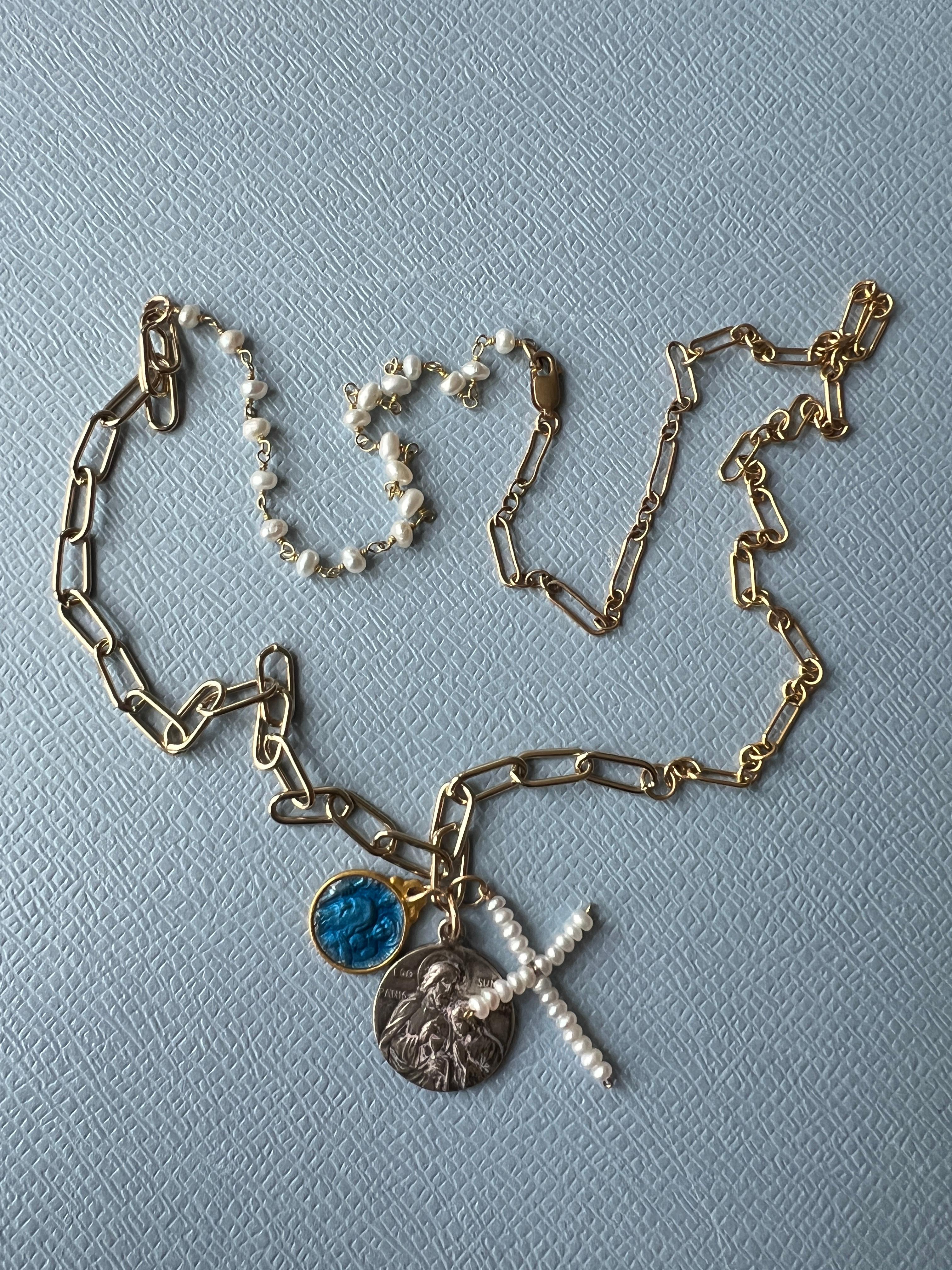 Pendant Necklace Multi Medal Blue Enamel Jesus White Pearl Cross Religious 1