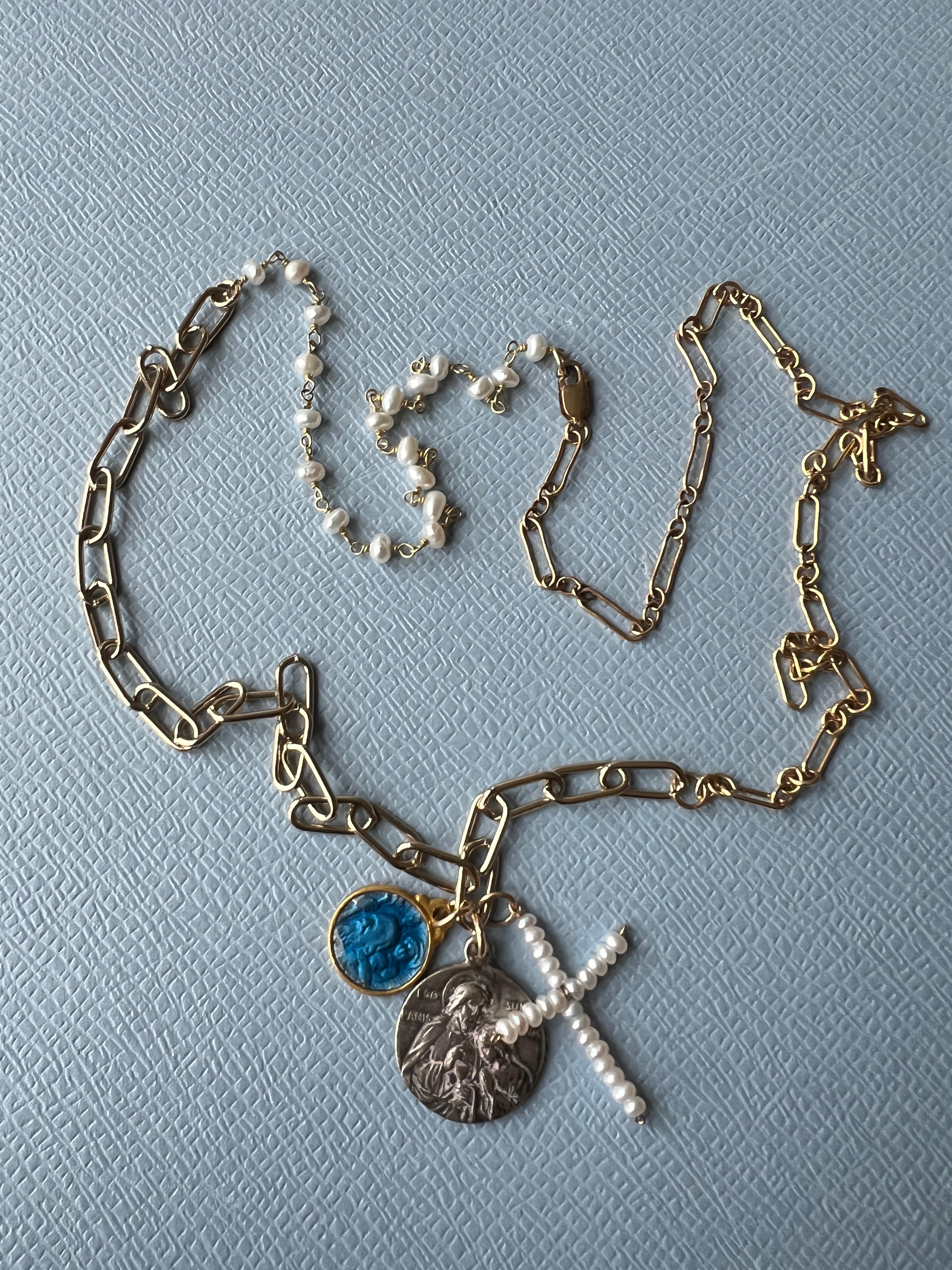 Pendant Necklace Multi Medal Blue Enamel Jesus White Pearl Cross Religious 2