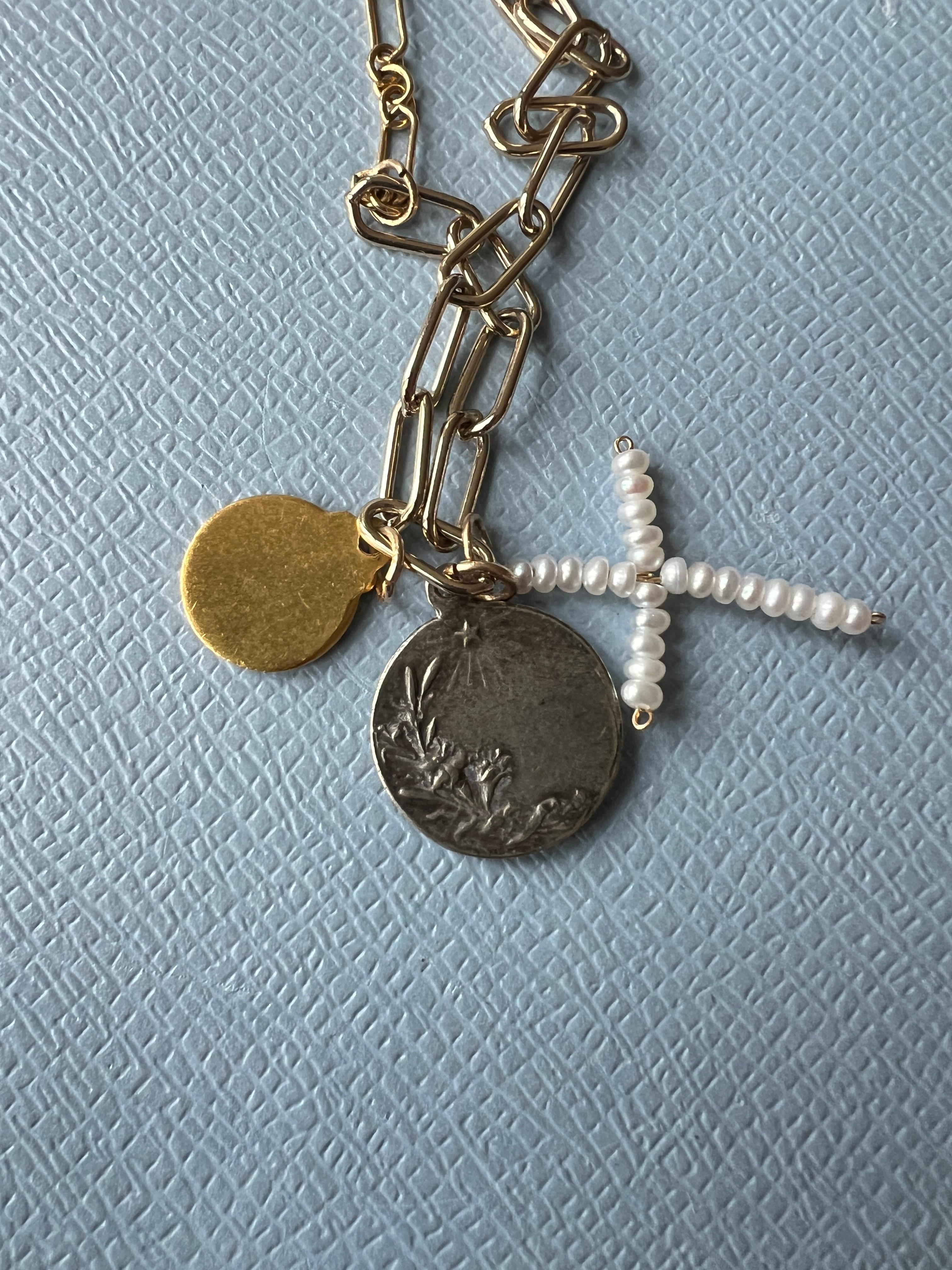 Pendant Necklace Multi Medal Blue Enamel Jesus White Pearl Cross Religious 3