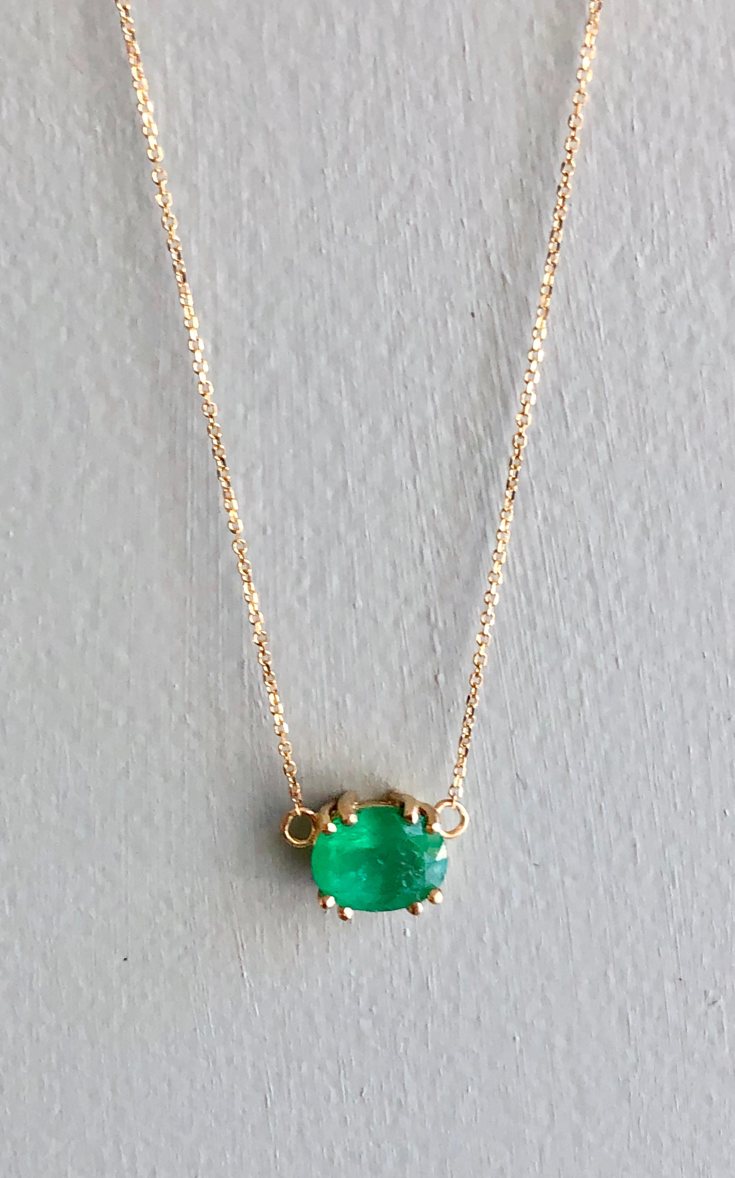 Stylish Pendant Necklace Natural Colombian Emerald  18K Yellow Gold 20in
Featuring a natural Colombian emerald oval cut, with visible natural inclusions, 3.50 carat, the emerald measurements 9.00x11.00mm, displaying a vivid medium green color. 
18K