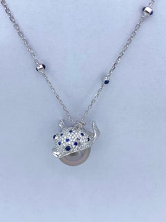 Pendant/Necklace Puffer Fish White Diamond Blue Sapphire Tahiti Pearl 18Kt Gold