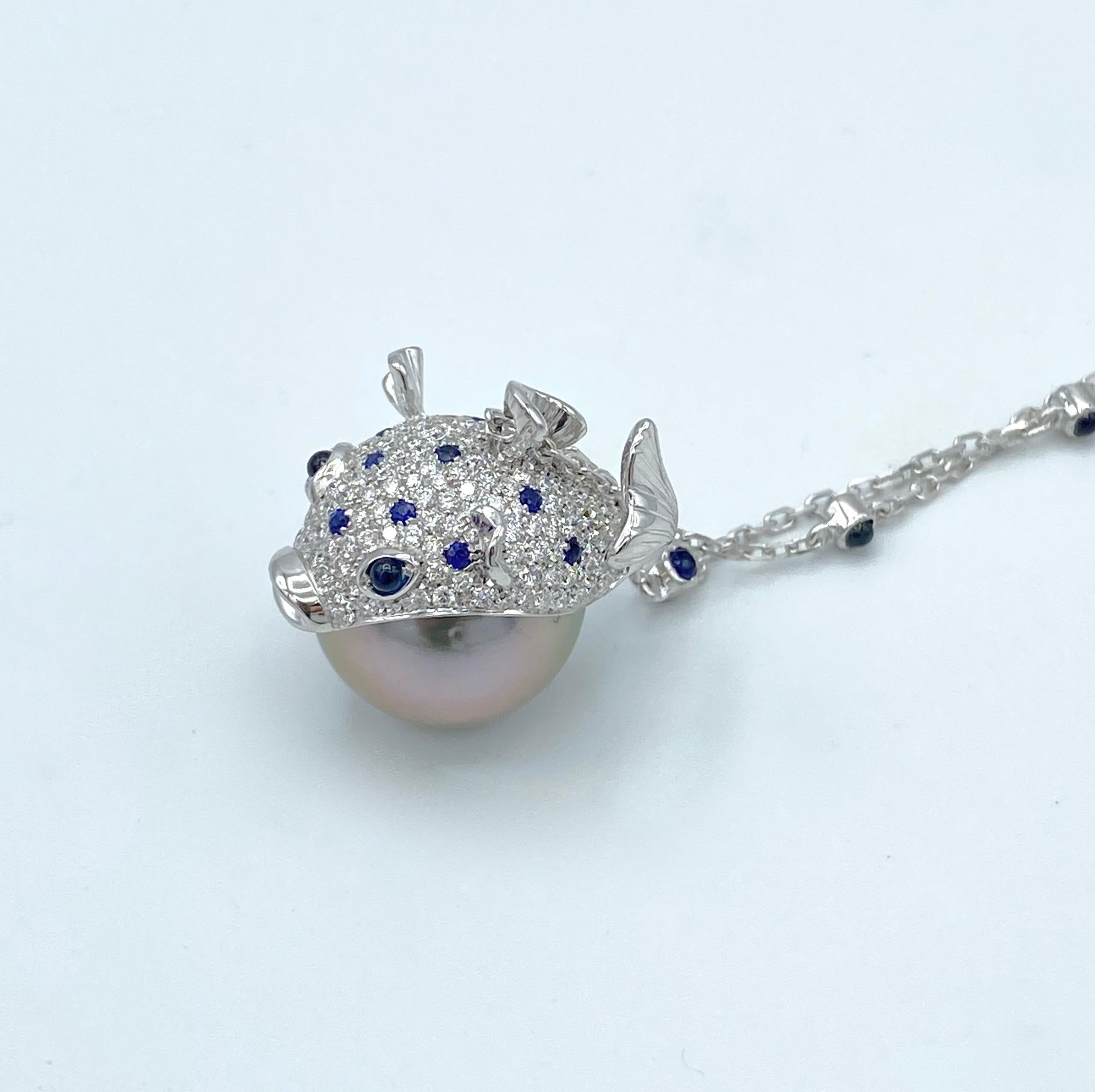 Contemporary Pendant/Necklace Puffer Fish White Diamond Blue Sapphire Tahiti Pearl 18Kt Gold  For Sale