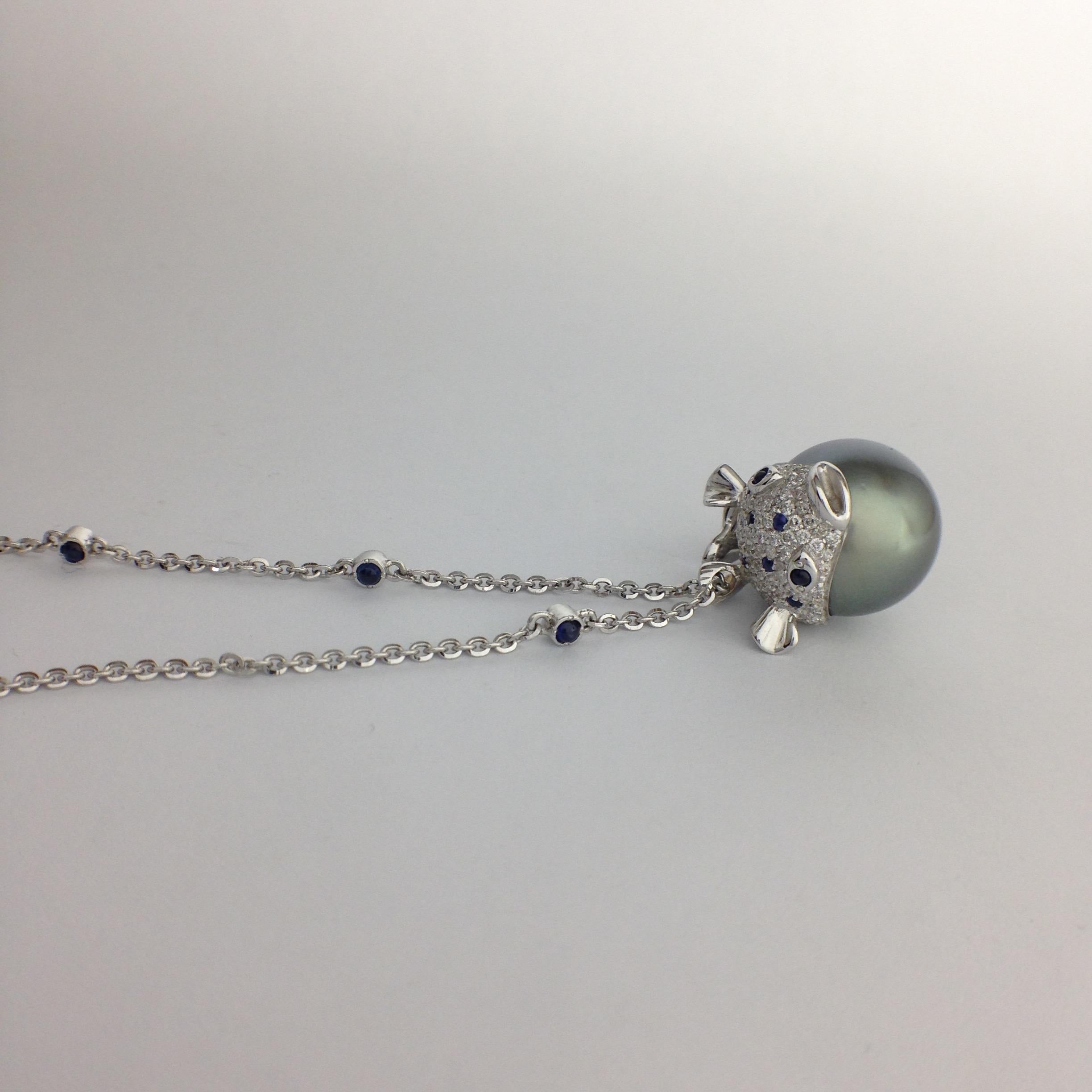 Contemporary Pendant/Necklace Puffer Fish White Diamond Blue Sapphire Tahiti Pearl 18Kt Gold 
