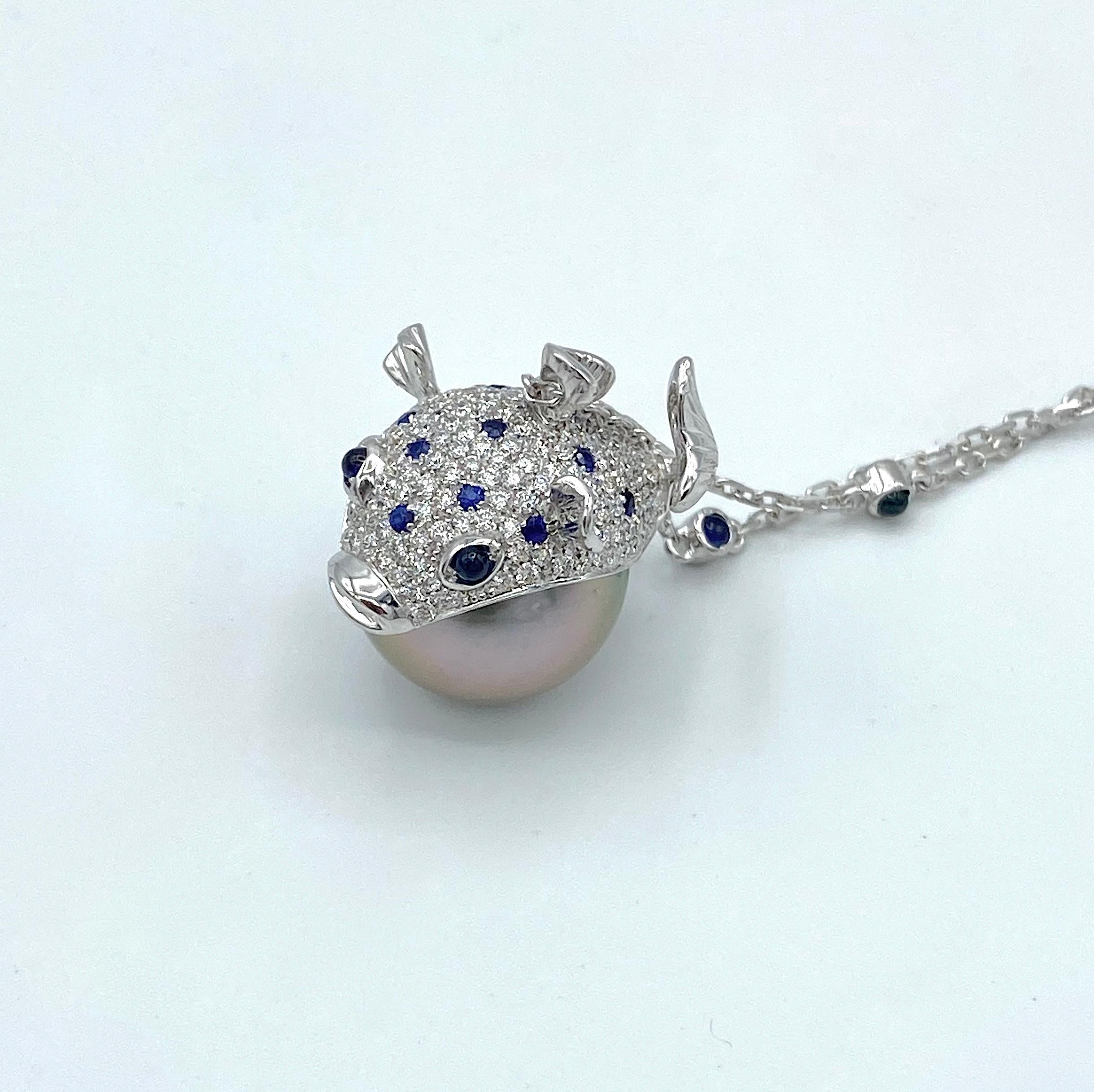 Cabochon Pendant/Necklace Puffer Fish White Diamond Blue Sapphire Tahiti Pearl 18Kt Gold  For Sale