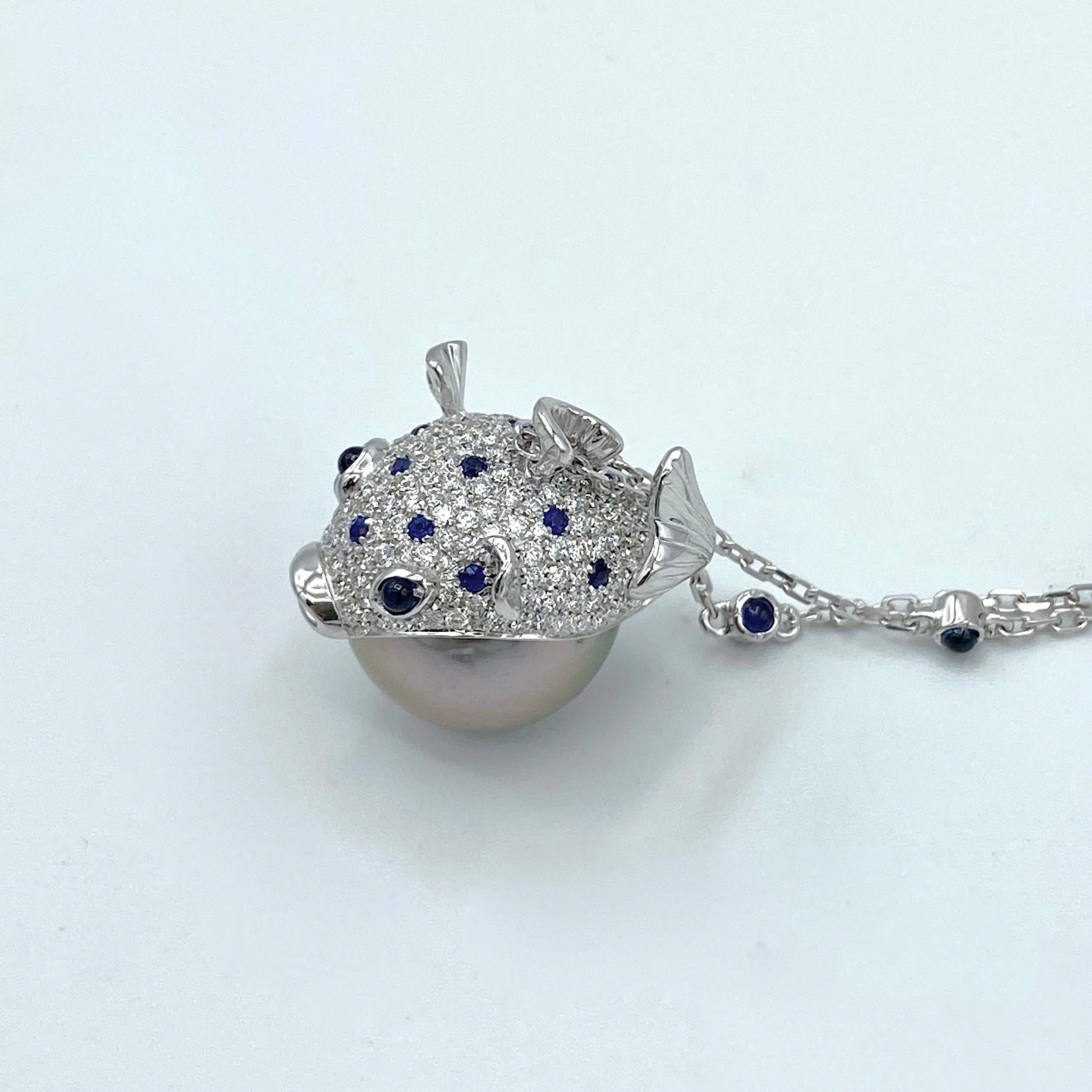 Women's Pendant/Necklace Puffer Fish White Diamond Blue Sapphire Tahiti Pearl 18Kt Gold  For Sale