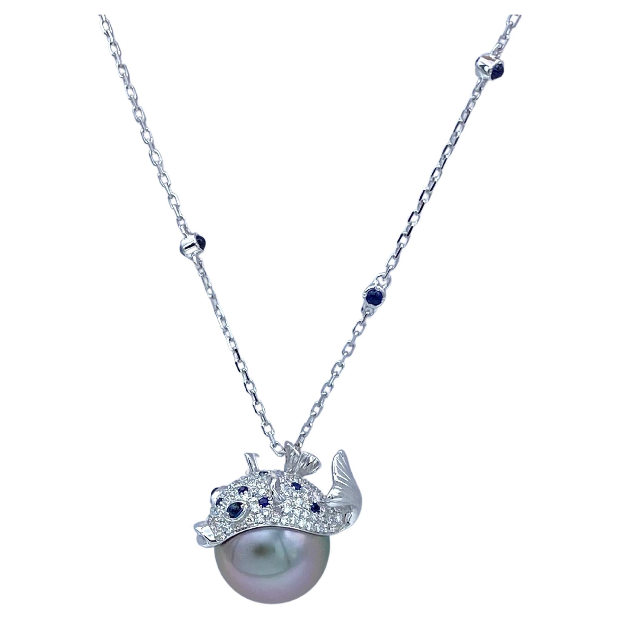 Pendant/Necklace Puffer Fish White Diamond Blue Sapphire Tahiti Pearl 18Kt Gold  For Sale