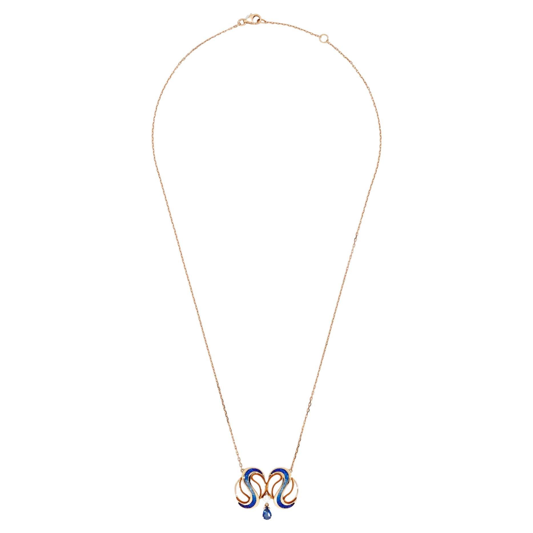 Pendant Necklace Rose Gold with Blue Sapphire and White Diamond and Micromosaic