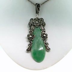 Pendant Necklace, Silver, Jade, Handmade, Antique