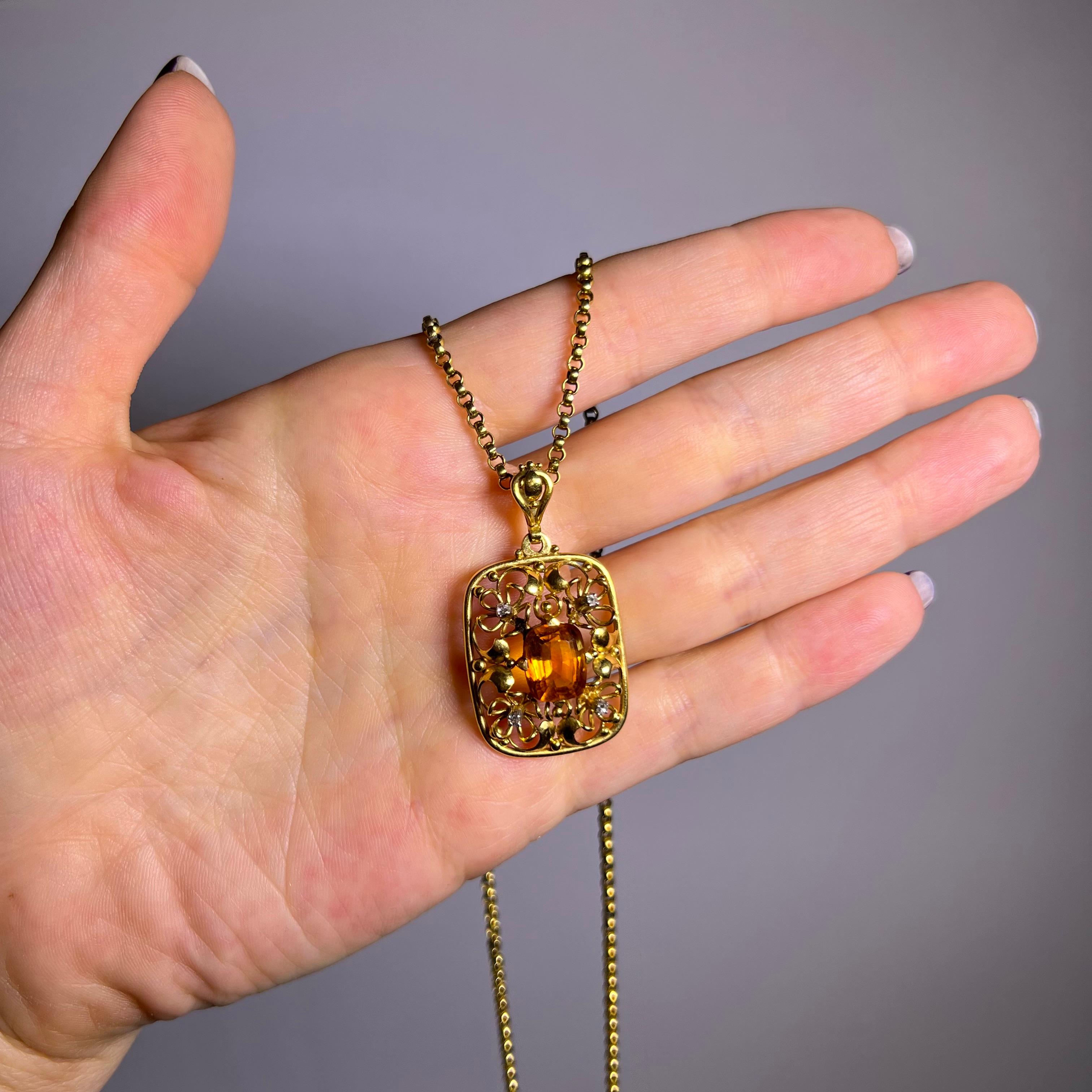 Cushion Cut Pendant Necklace with Citrine & Diamonds in 18 Karat Yellow Gold For Sale