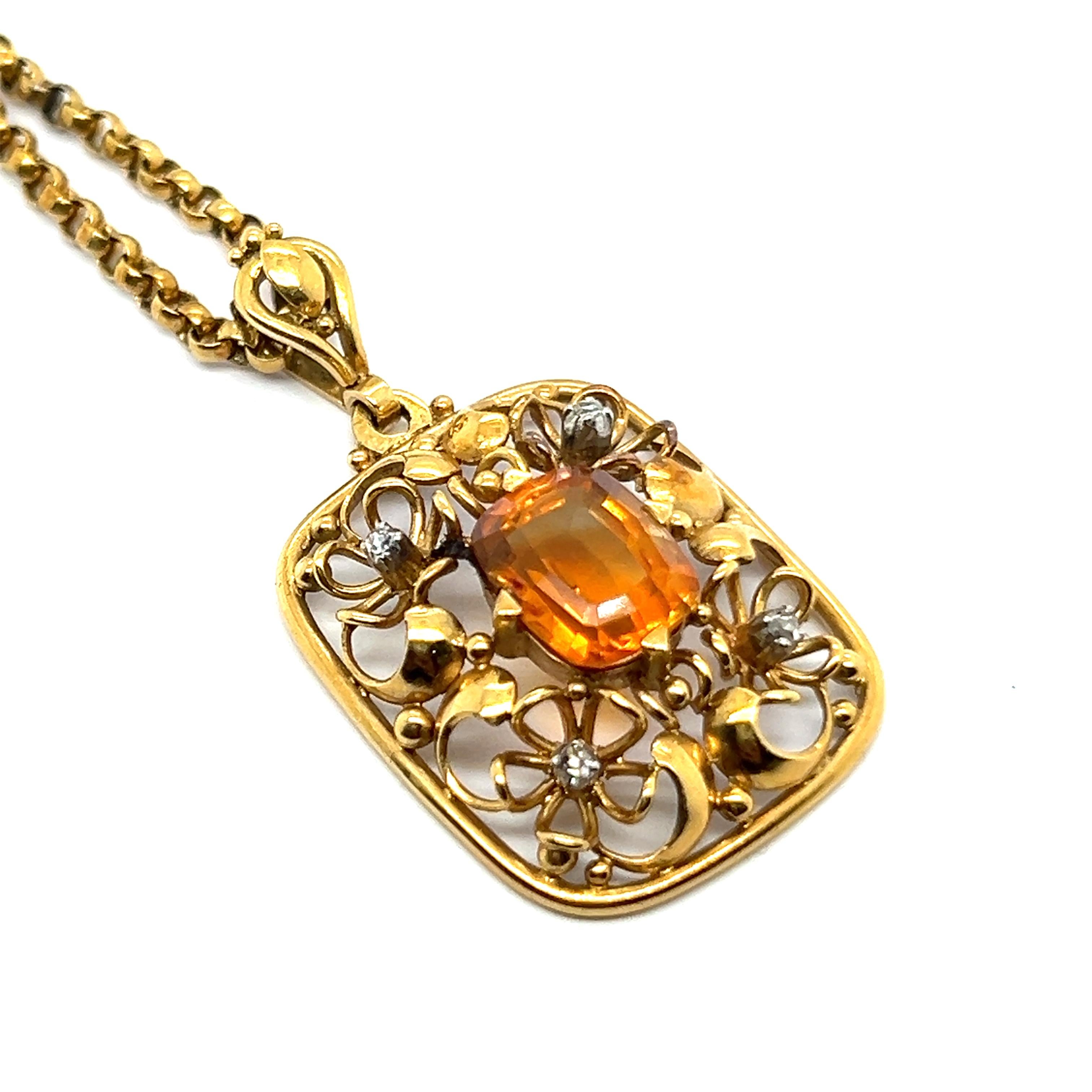 Women's or Men's Pendant Necklace with Citrine & Diamonds in 18 Karat Yellow Gold For Sale
